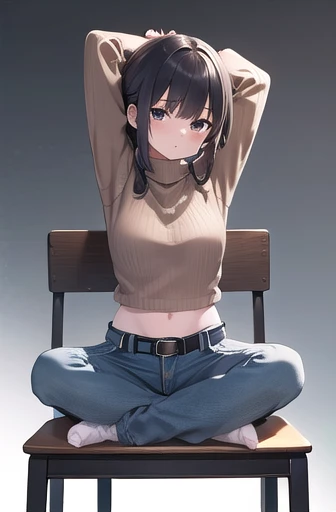 masterpiece, best quality, ultra detail, girl, jeans, stretching, sit, sitting, chair, desk, sweater, brown sweater, cropped sweater, black belt, turtleneck, ray tracing