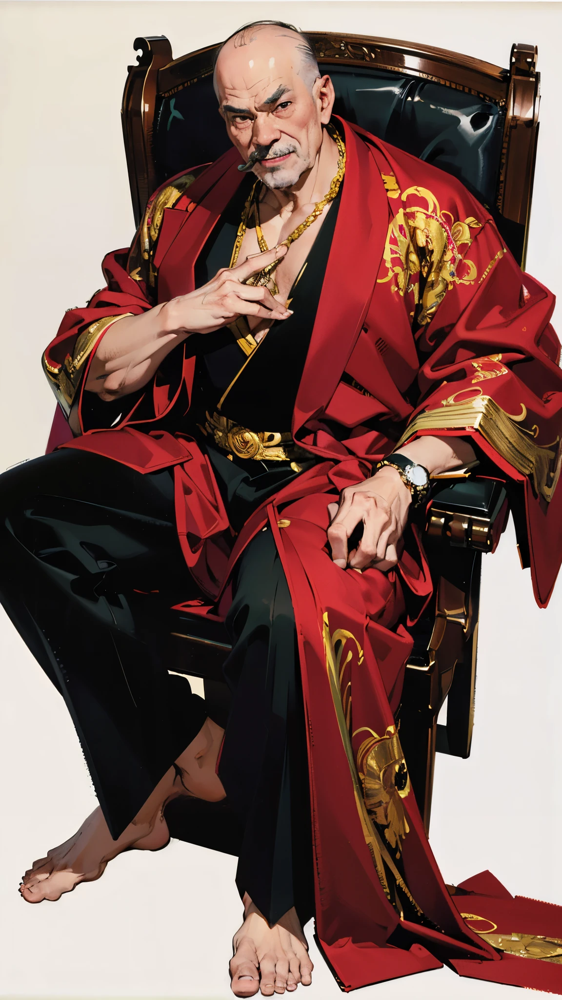 ((best quality,4k,highres,masterpiece:1.2)),((character concept art)), 1 male, elderly Asian man, millionaire, crime boss, ((balding, grey hair)), overweight, evil intentions, smirking confidently, ((intricate detail)), super finely detailed hands, ultra finely detailed fingers(((ten fingers))), wearing Versace I ♡ Baroque Bathrobe in red, gold chains, diamond encrusted watch, smoking a fat cigar, (sitting casually), (full body showcase), (show full body), (no logos on background), (no logo), ((plain background)), ((plain background)), (((empty background)))
