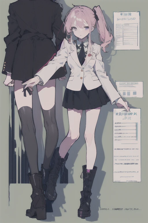 purple eyes, perfect face, pink chopped bangs with Left side long ponytail tied with a ribbon, white blazer with four bottoms with black long sleeve, lapis dark green crossover tie, and black skirt, wearing a boots with knee length stocking standing , character sheet With front view, side view and back
