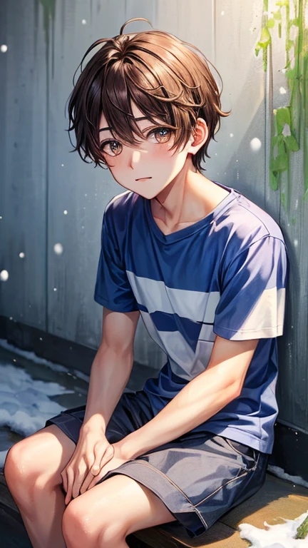 ((best quality)), ((masterpiece)), (detailed), perfect face, 1 boy, brown hair, gold eyes, straight hair, wearing T-shirt, snow day, sitting under wall