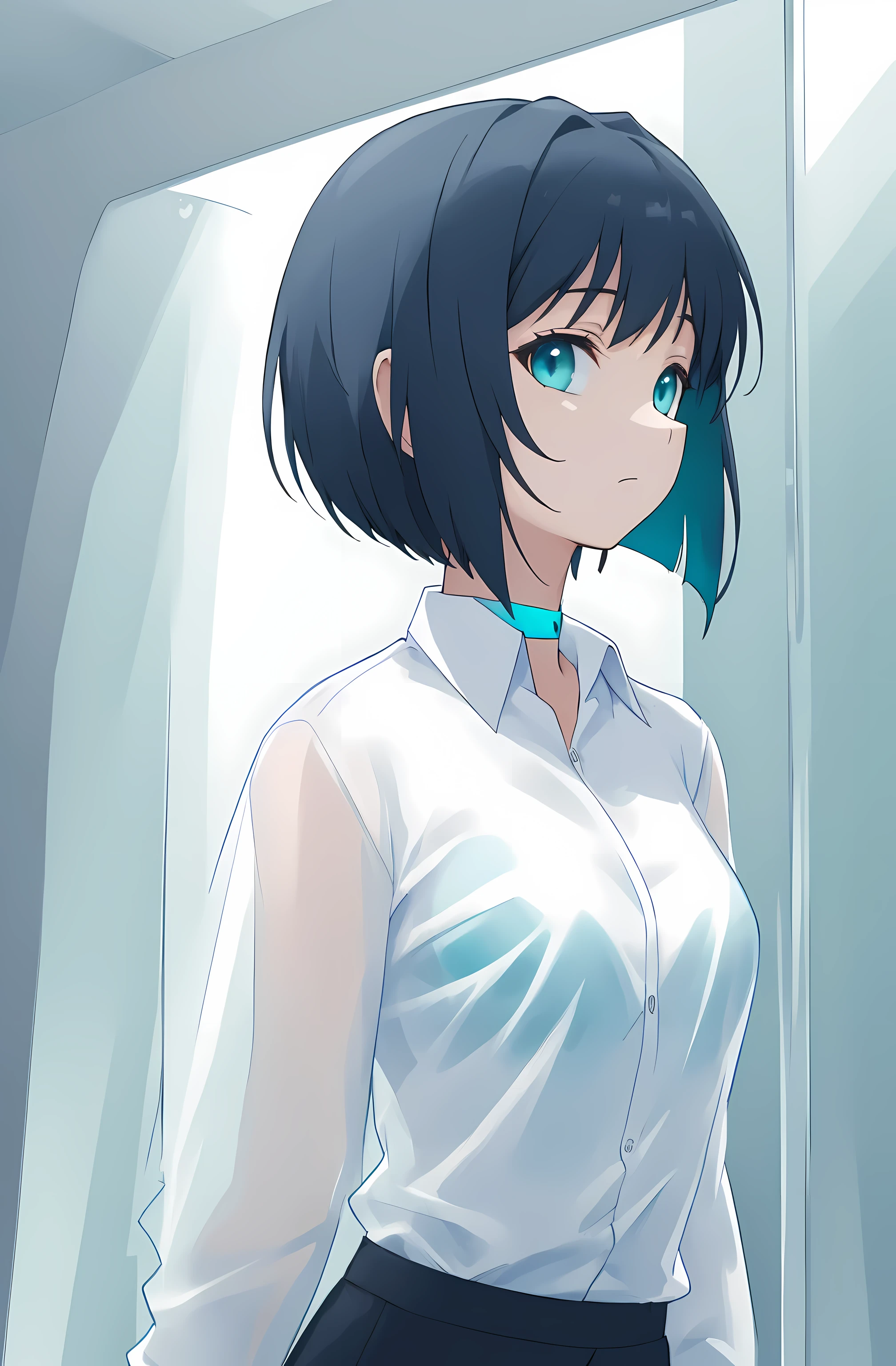 (((Masterpiece))), white background:1.1, solo, looking at viewer, (((:i face))),  slender body, teal colored hair, (((short straight hair:1.2))), turquoise colored eyes, slight glow in eyes, black chocker, (((business casual transparent white shirt:1.3))), full body, focus on upper body, side profile, white background