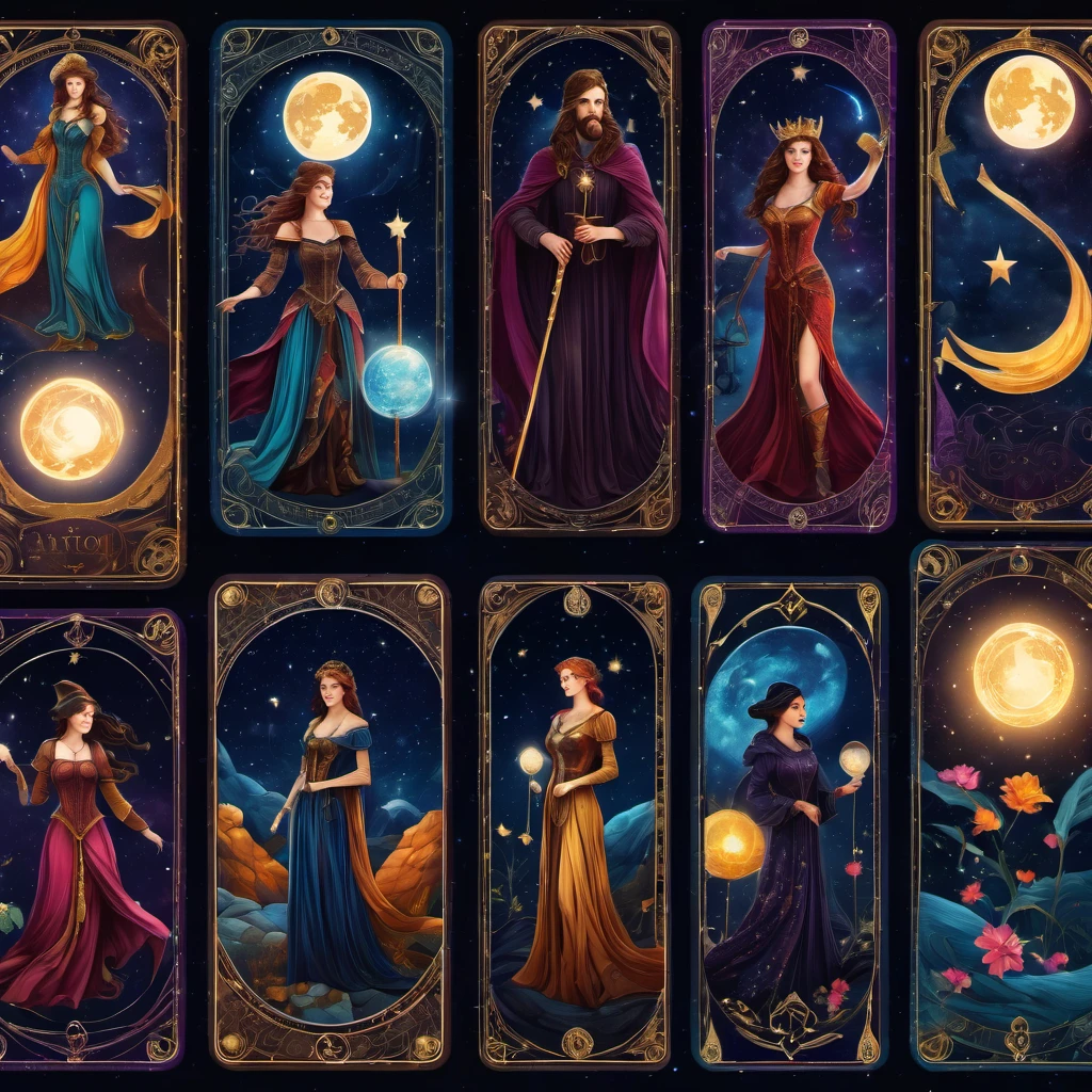 (best quality, highres, ultra sharp), magical, Tarot Cards, tarot characters, collage, under starry sky , full colored, 3d crunch, dark tones,