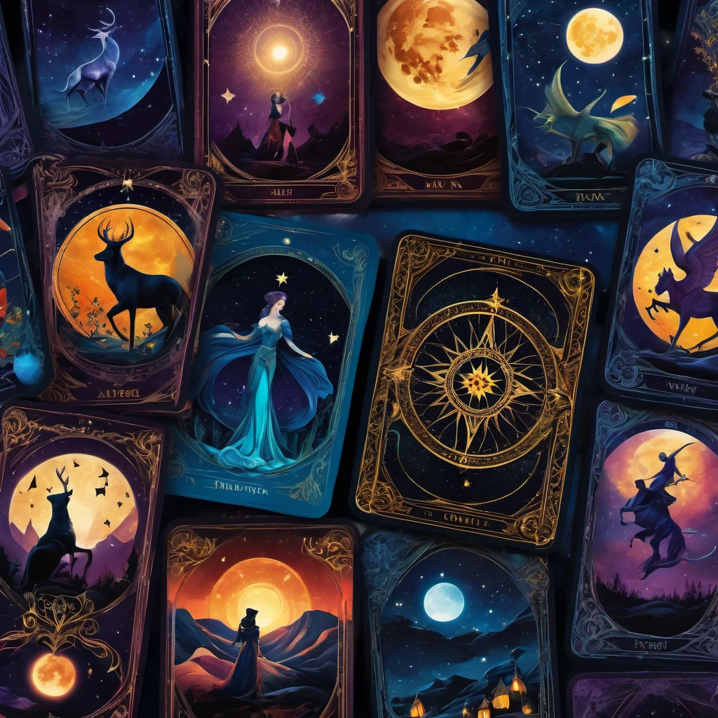 (best quality, highres, ultra sharp), magical,  Tarot Cards, tarot characters, collage, under starry sky , full colored, 3d crunch, dark tones,