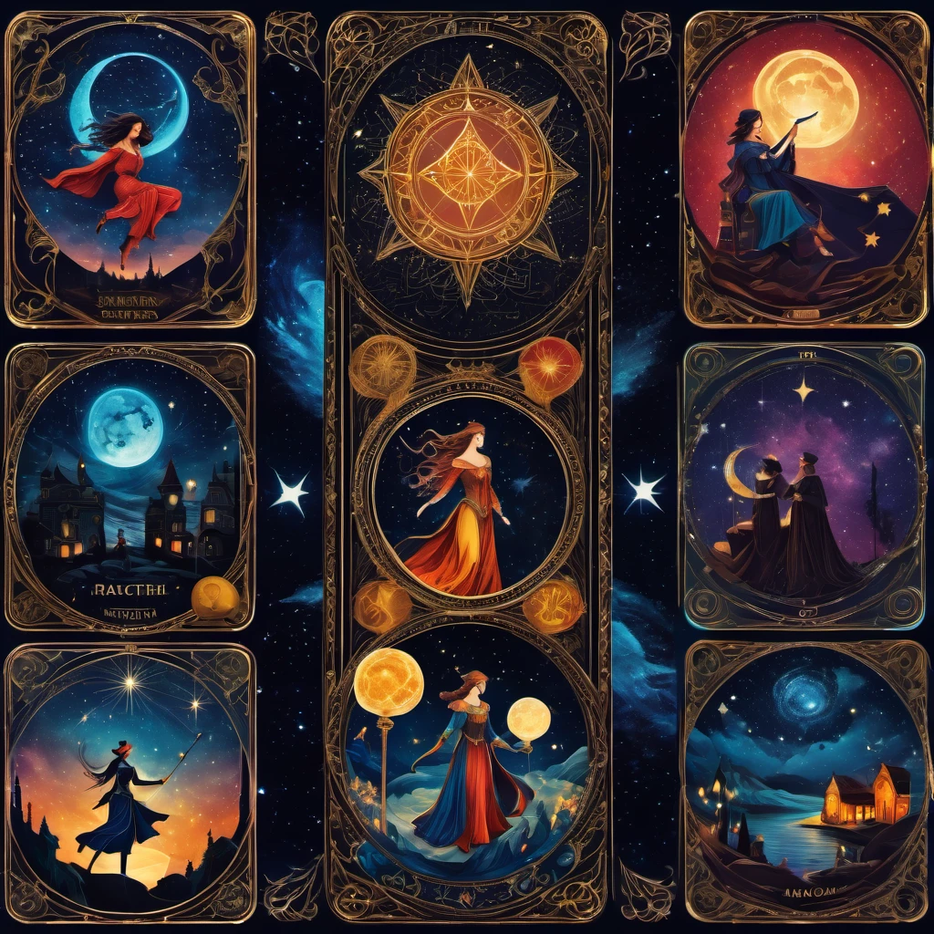 (best quality, highres, ultra sharp), magical, Tarot Cards, tarot characters, collage, under starry sky , full colored, 3d crunch, dark tones,