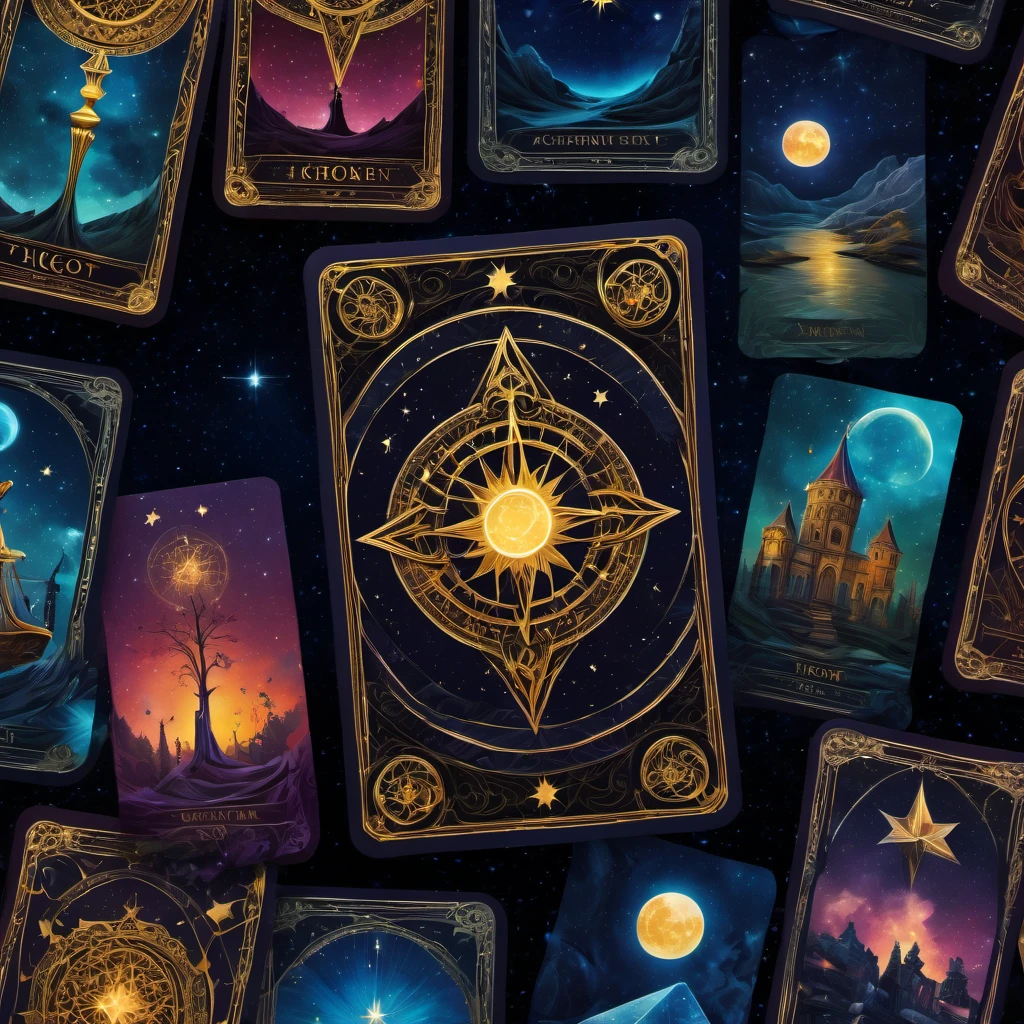 (best quality, highres, ultra sharp), magical, Tarot Cards, tarot characters, collage, under starry sky , full colored, 3d crunch, dark tones,