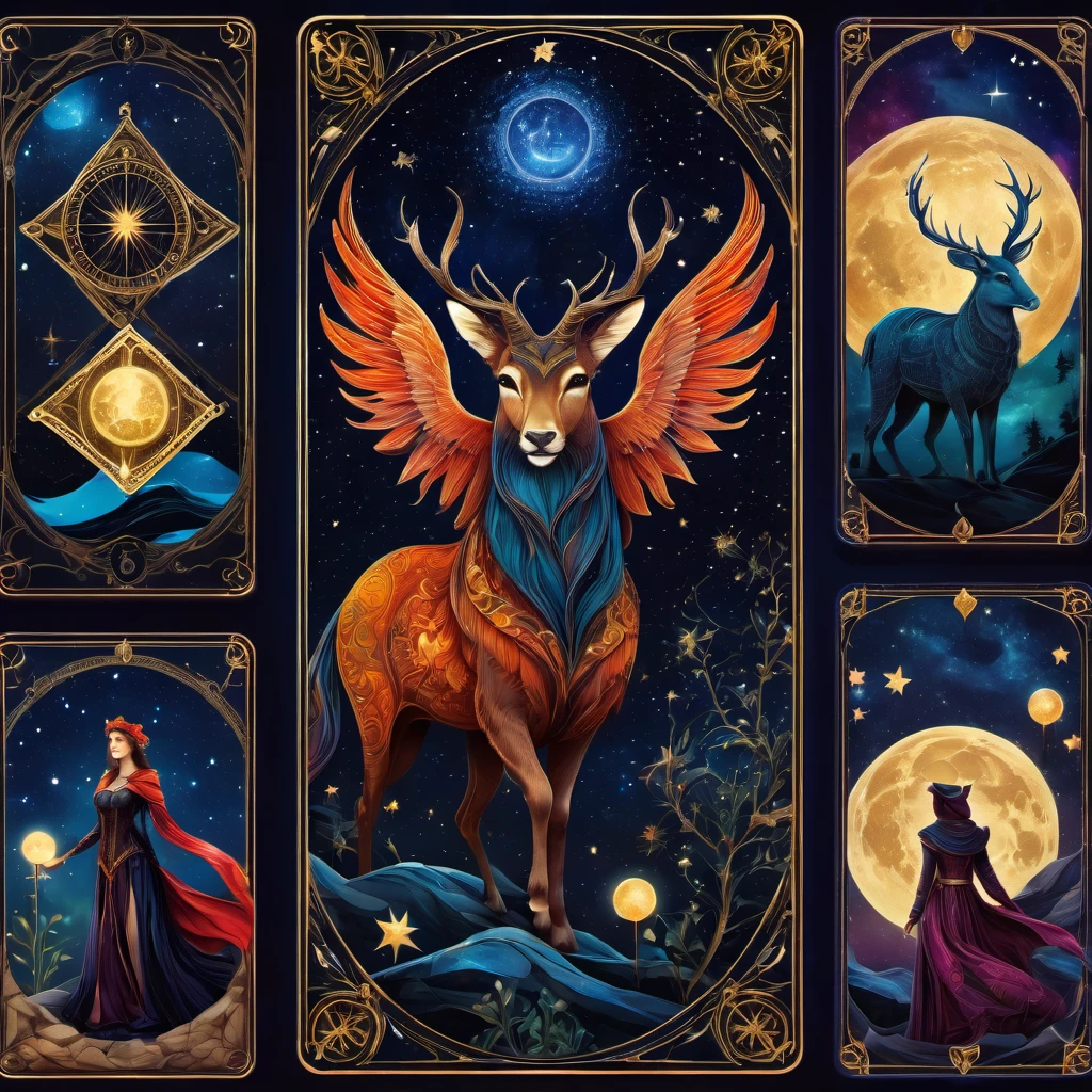 (best quality, highres, ultra sharp), magical, Tarot Cards, tarot characters, collage, under starry sky , full colored, 3d crunch, dark tones,