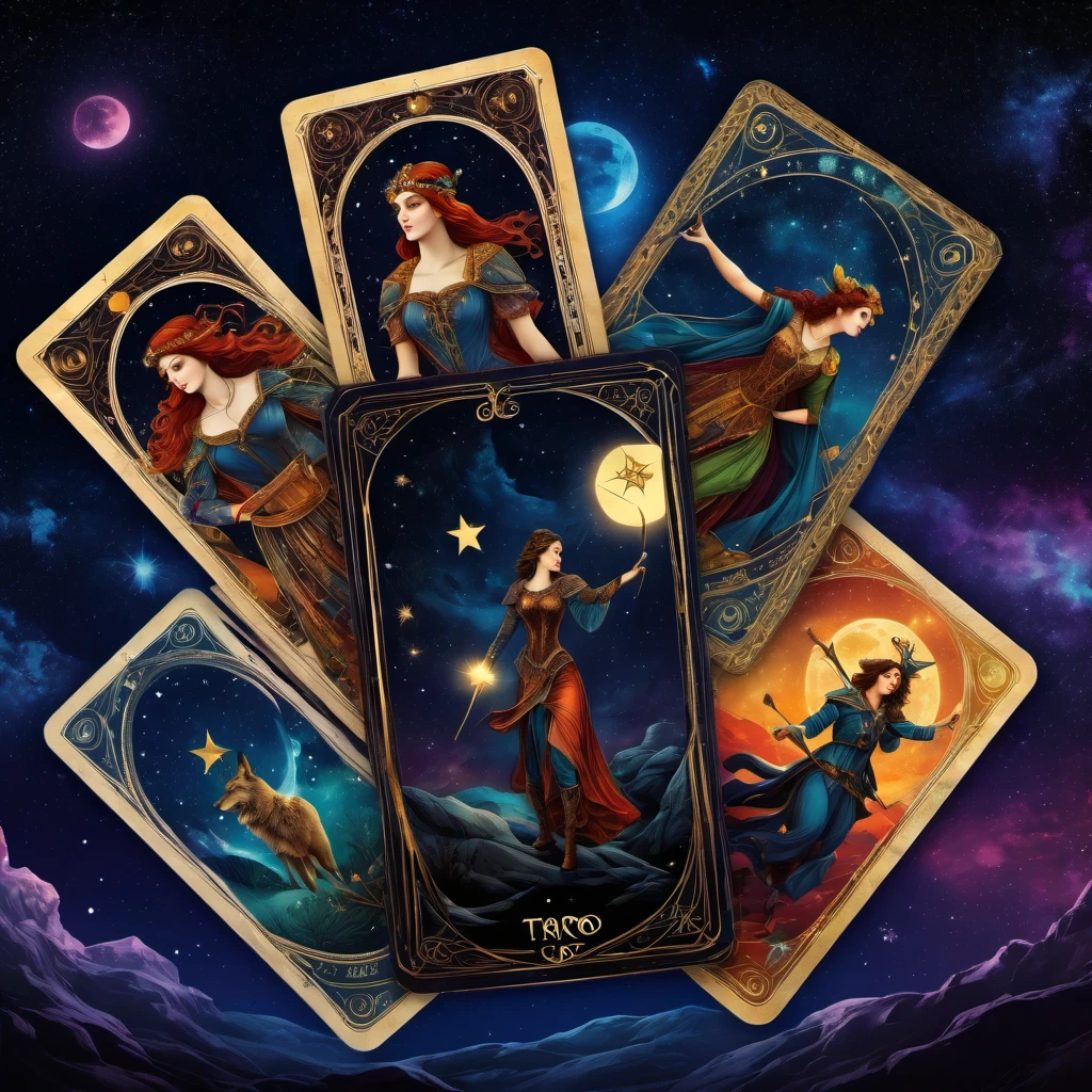 (best quality, highres, ultra sharp), magical, Tarot Cards, tarot characters, collage, under starry sky , full colored, 3d crunch, dark tones,
