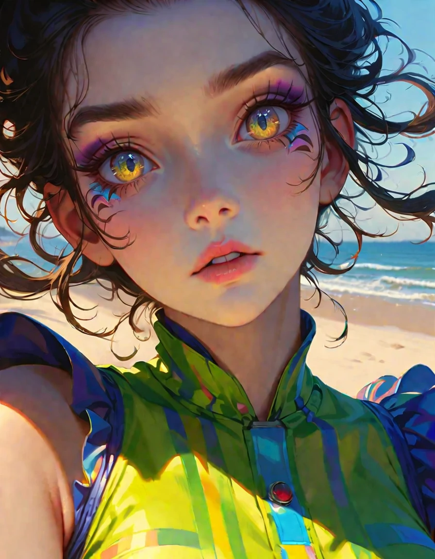 lndswgnr, (Sharp focus: 1.5), (sharp focus:1.2), portrait, attractive young woman, (beautiful face:1.1), detailed eyes, luscious lips, (eye makeup:1.2), (tight body:1.2), wearing (yellow striped 1980s dress:1.2) at (the beach:1.2). (morning sun lighting:1.2), depth of field, bokeh, 4K, HDR. by (James C. Christensen:1.2|Jeremy Lipking:1.1).
