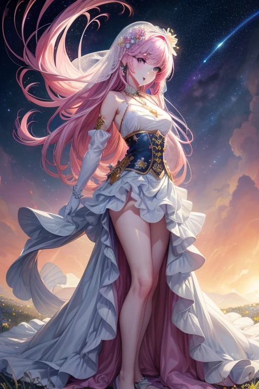 Colorful star trails floating white feathers),purple,(((((masterpiece))))),(((((high resolution))))),alone,(hair open),((flowing hair)),pink hair,blue_Eye,Everlasting,Busty beauty details skirt, flower patterns on clothes,White dres wearing gloves,ribbon,hair ribbon,hair flower,veil,beautiful detailed sky,glowing light,Ray tracing,reflected light,depth of field,((((Put your arms behind your back)))),flowers and grass,Mountain,(((((character idea))))),(((((Extremely detailed CG unified 8K wallpaper))))),Cross necklace,crown,earrings,bridal veil,sling,starry sky,cluster,starry sky,twinkling stars,,poker face,Neat figure,sit on the floor,Nice butt,beautiful butt