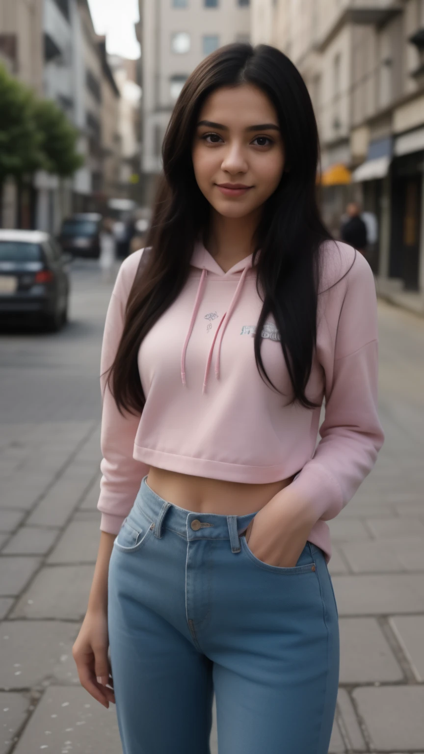 araffe woman with long black hair,slim,16 years old,wearing a pink hoodie,blue jeans,hoodie down,smiling,happy,fully covered,black hair, valentina remenar, dilraba dilmurat, olya bossak, fanart, maya 8 k, taken with canon eos 5 d mark iv, serena malyon, hana alisa omer, anastasia ovchinnikova, brown-skinned indian girl,street,europe