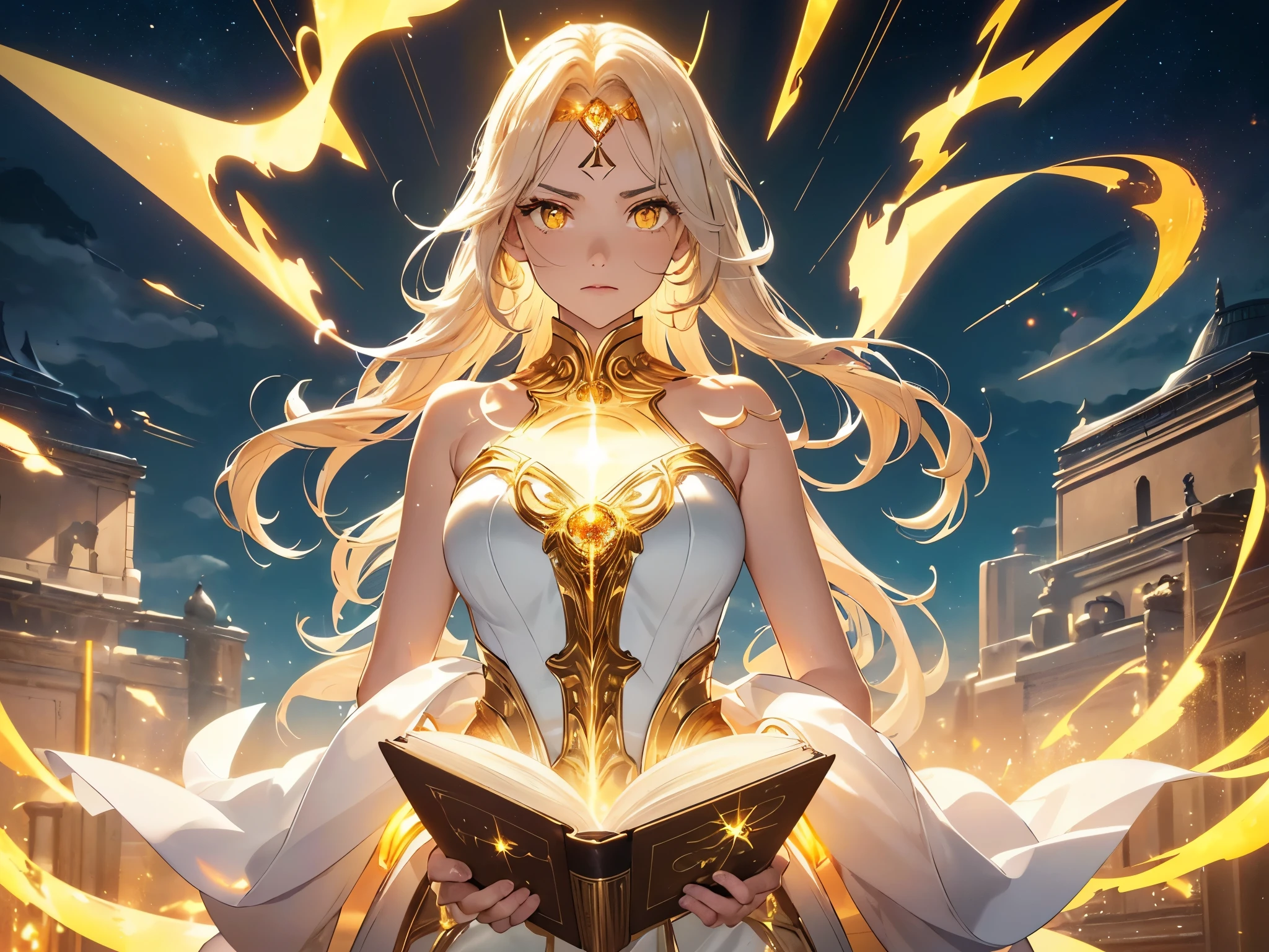 a goddess of wisdom, mature look, Toning the body, white skin, fine face, (Glowing clothing masterpiece:1.4), pure white fabric strapless tube top dress, luminous golden belt, luminous Golden arm Armor, golden leg armor, high detail armor, (a glowing sword-shaped figure appears on the back:1.5), (One hand holds a glowing book:1.6), (((glowing beige white hair streaked luminous yellow hair))), (single sidelock short wavy hair), (hair strand), shiny hair, (((colorful eyelashes and eyebrows))), (glowing yellow gradient amber eyes:1.2), (an upright golden eye on the forehead:1.4), some clouds swirling float behind shoulders, (((some floating luminous characters surround))), Detailed background, Detailed book, god rays, ray tracing, reflection light, sparkle, motion blur, perfect layer cut, perfect layer transition, (/full body/side view/back view), (Facing the camera:1.2), glowing light, UHD, perfect CG, CG unity, anime, masterpiece, super detail, best quality, retina, ccurate, Octane Render