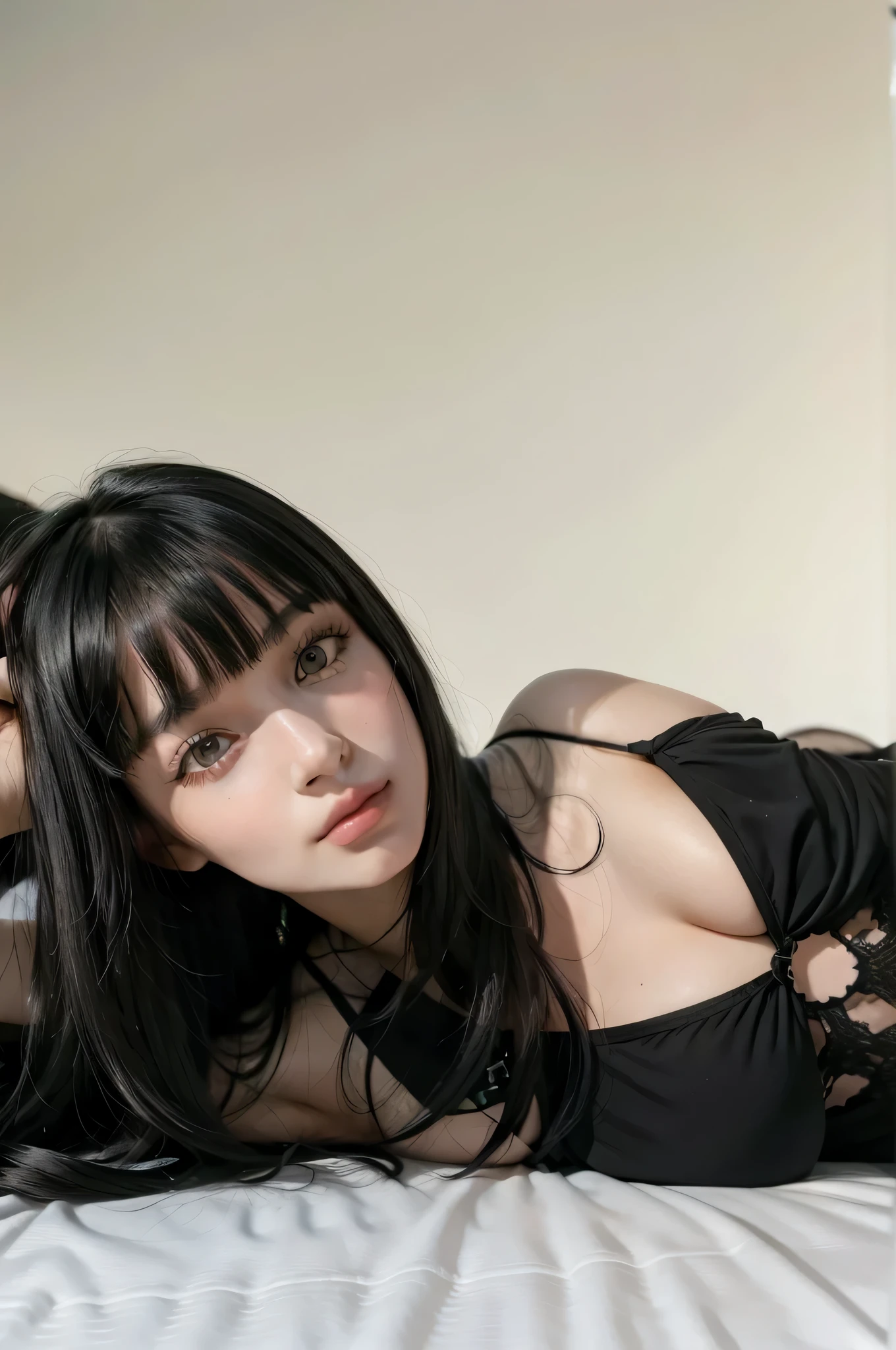 there is a woman laying on a bed with a cell phone, she has black hair with bangs, long black hair with bangs, black bangs, black hair and white bangs, sultry smirk, 18 years old, with bangs, with full bangs, straight bangs, lacey, angelawhite, sexy girl with green eyes, anna nikonova aka newmilky