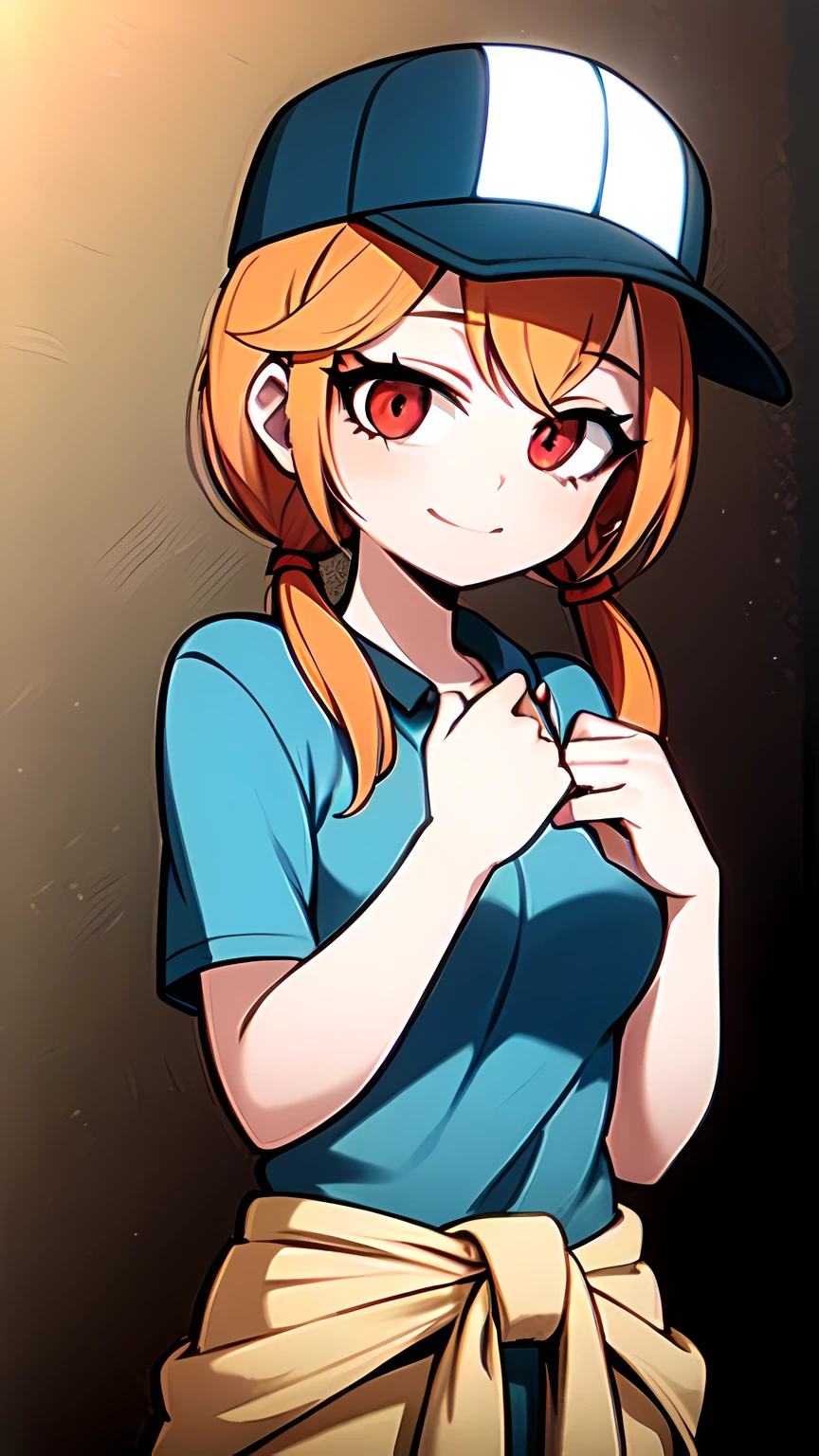 1girl,solo,upper body,looking at viewer,facing viewer,low twintails,orange hair,red eyes,parted bangs,hair pulled back,solid outline,smile,brown baseball cap,sweater around waist