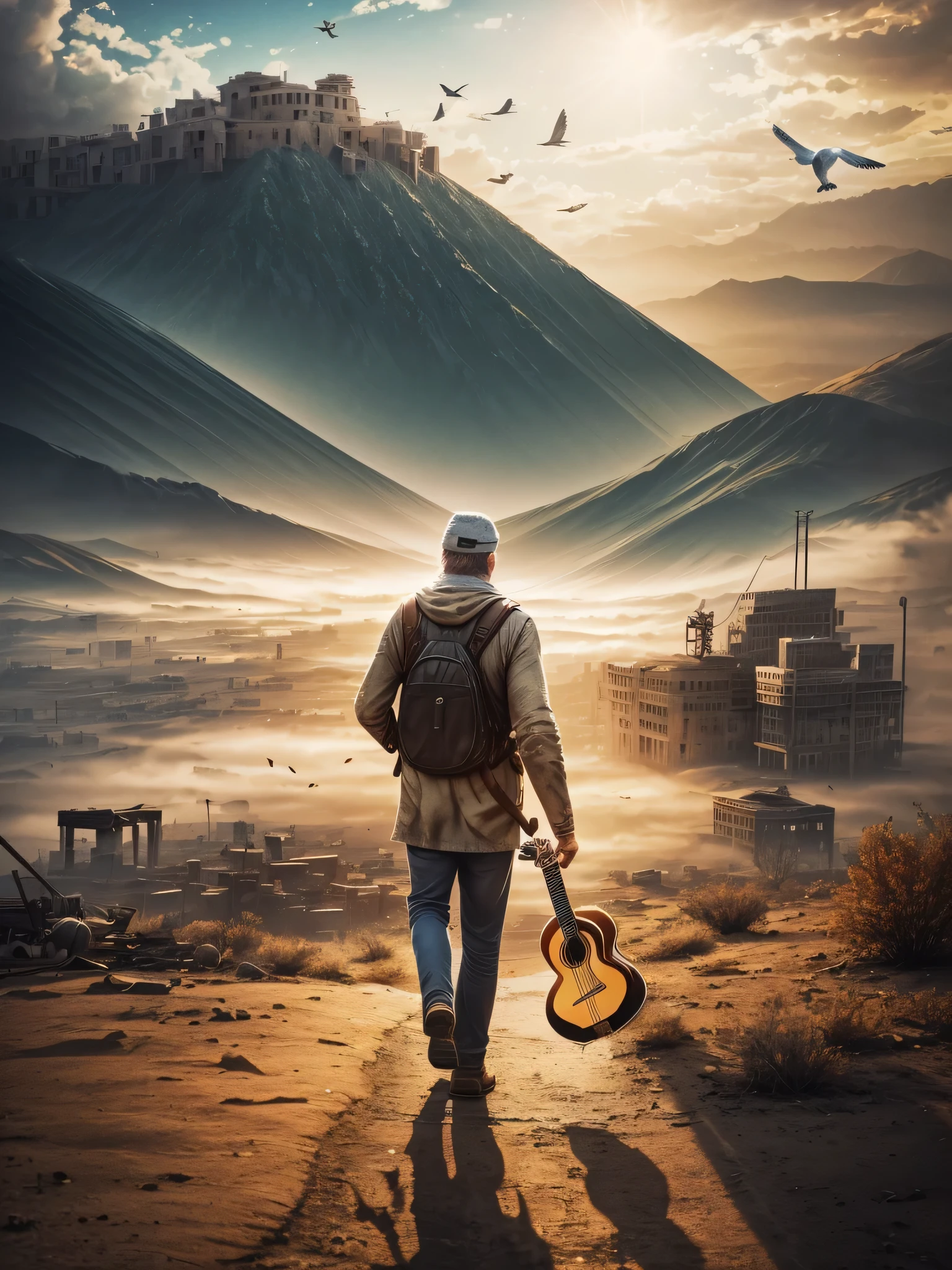 cinematographic poster style, in the distance you can see the full body of a 65-year-old man with guitar classical, dressed in full-body autumn clothing walking forward, climbing a hillside, with a black baseball cap, glasses and a short white beard, ((he is wearing a classical guitar hanging from the shoulders)). Behind the man is a blurred figure of a huge white bird that takes flight in the middle of the mist. In the background, a dystopian, destroyed desert city. High definition, realistic, intricate details, 32k. Cinematic poster.