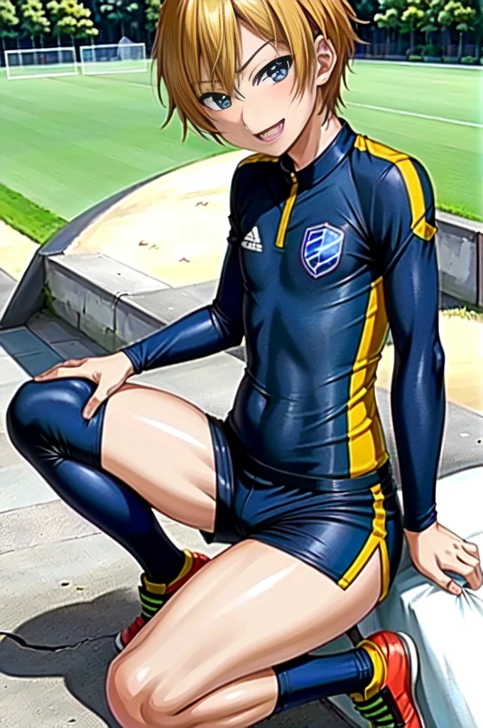 (((official art,Super thin illustration,High resolution, muste piece, best quality,best quality,)))high quality, detailed, ( boy),12 yealo)))、 A young ace striker male idol with a super cute face,A boy as beautiful as Planding, Cool handsome face with a smile, soccer spike, long legs, thighs, Foots, No bulge, (blonde、short hair)、shiny hair, (Tight shiny random color soccer uniform suit), (tight and shiny soccer shorts), (soccer socks), grassy area, cool pose, (むっちりとしたthighs、Seducing a big ass into your crotch)、(((soccer field in the park)))、((Saucy、))、grinning grin、spread legs,ultra fine painting, (best quality, In 4K, 8K, High resolution, muste piece:1.2),service shot、((detailedな目:1.2))、showing off his big butt、proud butt、