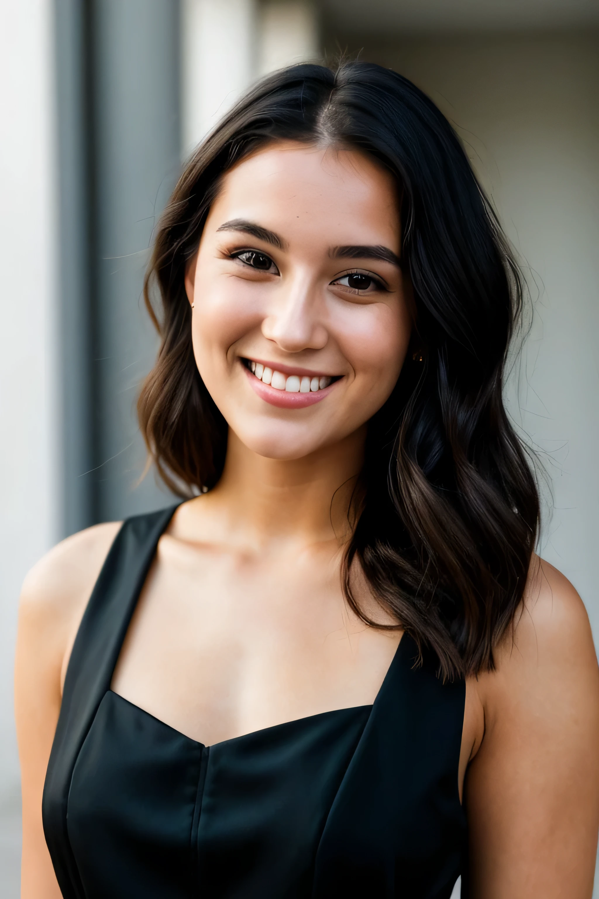 Raw-Photo, face portrait photo of a beautiful 26-year-old.oh woman, Cute face, in a black dress, happy face, hard shadows, cinematic frame, spectacular lighting