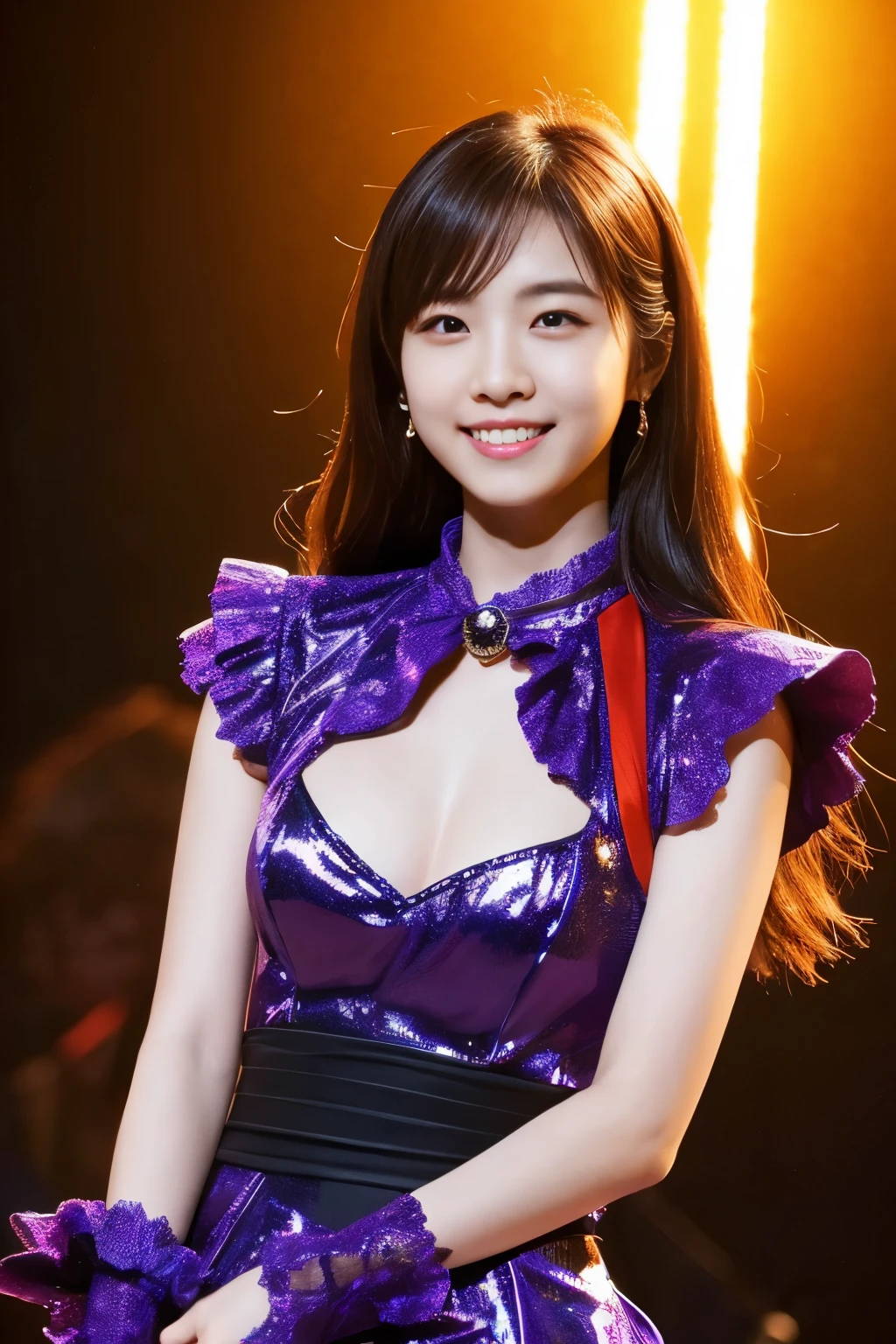 1 girl, (Wearing a bright purple idol costume:1.2), Photo collection of very beautiful Japanese idols,
(Raw photo, highest quality), (realistic, Photoreal:1.4), (masterpiece),
very delicate and beautiful, very detailed, 2k wallpaper, wonderful, finely, very detailed CG Unity 8K 壁紙, Super detailed, High resolution, soft light,
beautiful detailed girl, very detailed目と顔, beautifully detailed nose, finelyて美しい目, cinematic lighting,
(idol concert:1.4), (The background is a stage:1.3),
complete anatomy, slender body, small, smile