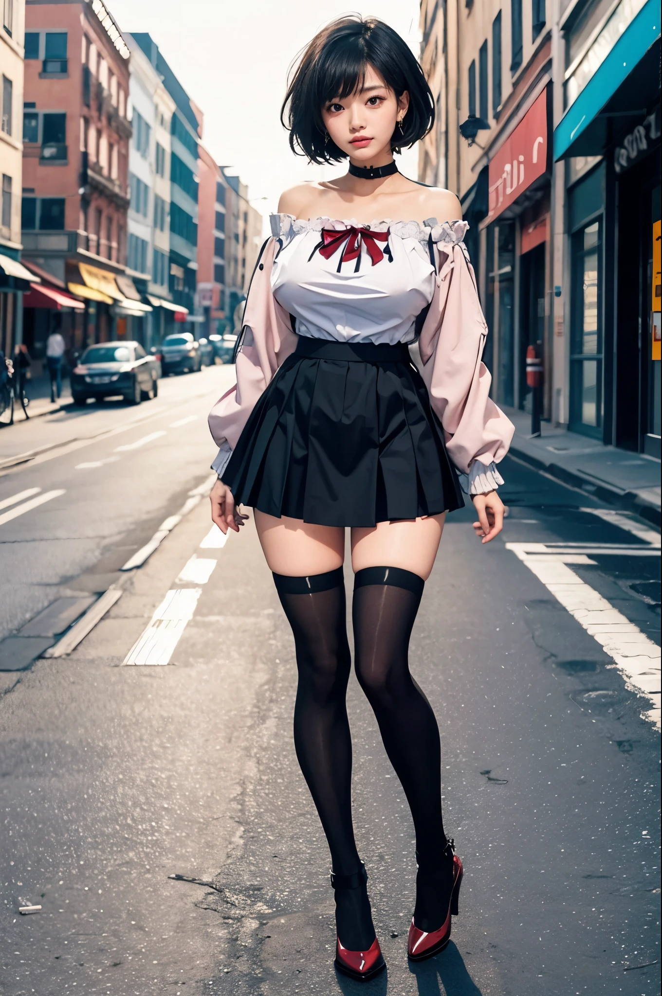 Stunning beauty young girl, short black hair, red pupils, Wearing nekomimi, leotard, knee socks, and sneakers. Beautiful navel, beautiful thighs, beautiful legs. Looking at Viewer, Smug smile. HD image, wide angle, full body, top to toe, very detailed anatomy, very detailed clothes, very detailed background, a masterpiece.