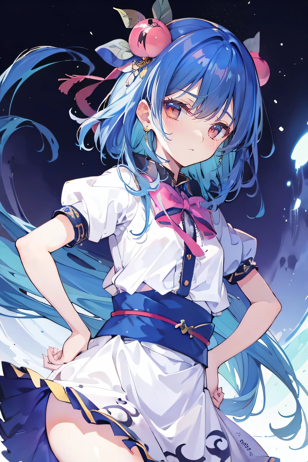 (masterpiece),best quality, expressive eyes, perfect face, 1girl,
 Put your hands on your waist,fair, Gorgeous,Japanese cartoons,girl,lola,Hina Angel, blue hair, blue haired, floating clothes,Grab your waist, Grab your waist, hands on hips , hands on hips,flat chest,sit on the floor,starry sky,