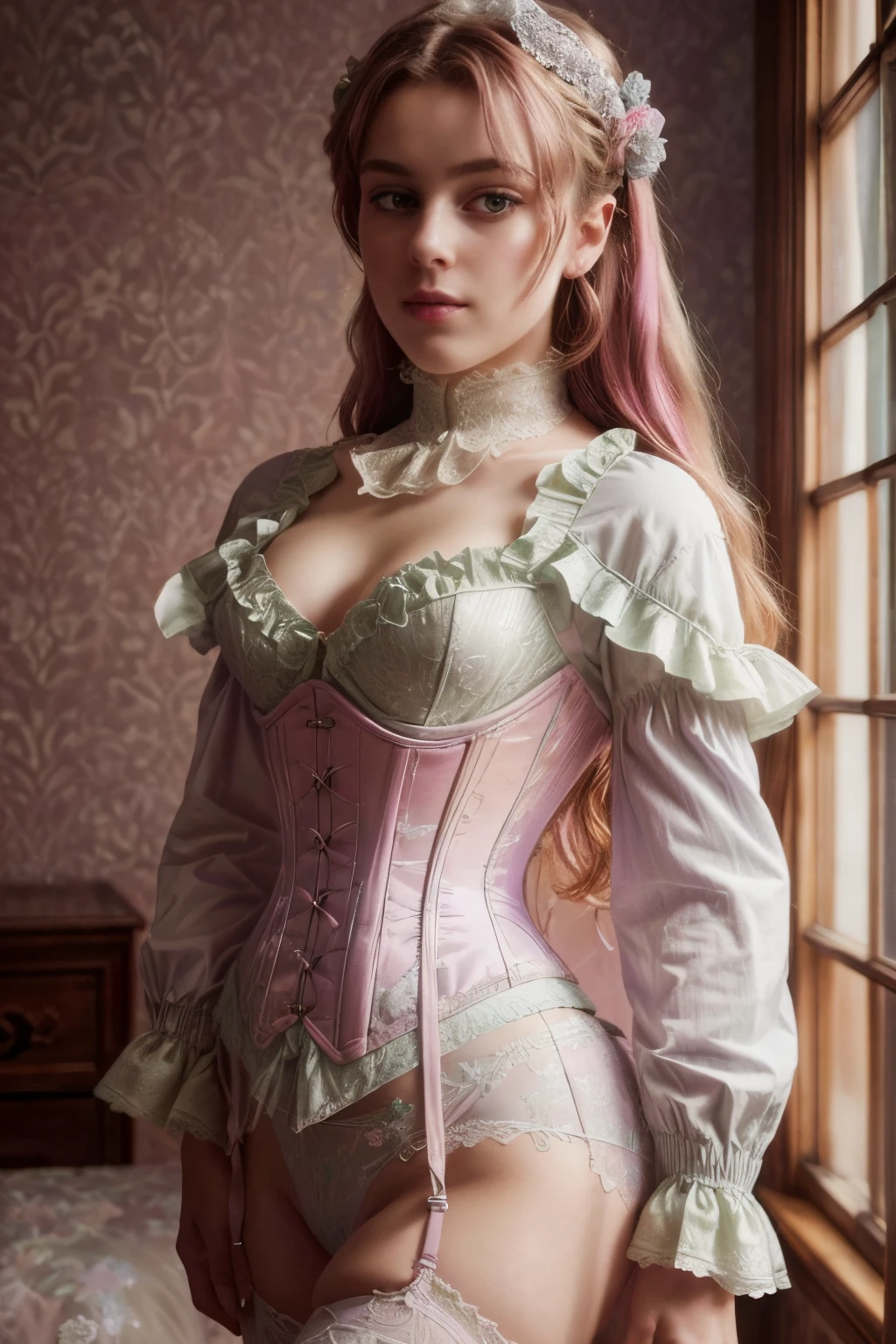 Realistic, (masterpiece:1.4, best quality), (intricate details), unity 8k wallpaper, ultra detailed, (pastel colors:1.3), (lace) underwear and corset, beautiful and aesthetic, 1girl, detailed, solo, Victorian mansion, 