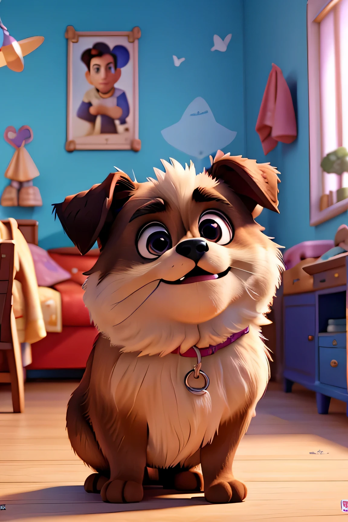 a 3d pixar disney style movie poster with a happy Pekingese dog playing in a room