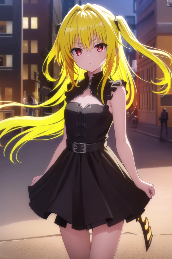 toloverumy, my, (yellow hair:1.5), long hair, (red eyes:1.5), (hair ornaments:1.2), two side up, (small box:1.2), 
break sleeveless, removed sleeve, dress, black dress, black skirt, clothing clippings, cleavage cutout,
break outdoors, city, night, null,
break looking at viewer, (cowboy shot:1.5),
break (masterpiece:1.2), highest quality, High resolution, unity 8k wallpaper, (figure:0.8), (detailed and beautiful eyes:1.6), highly detailed face, perfect lighting, Very detailed CG, (perfect hands, perfect anatomy),