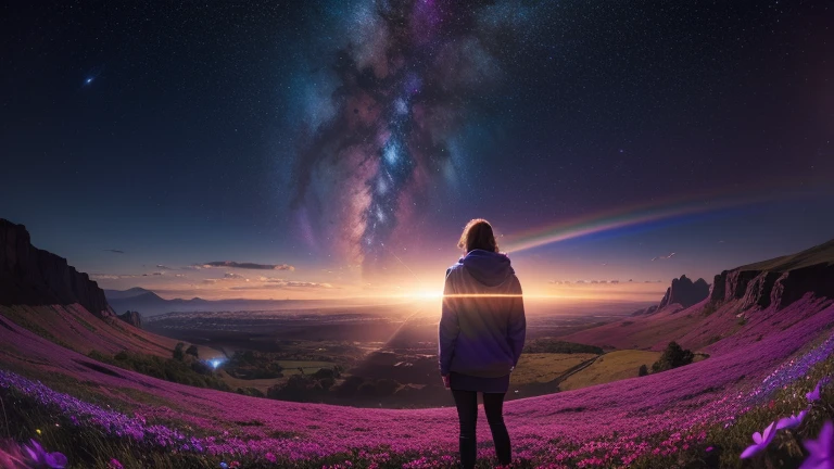 ((ultra wide angle)),Girl standing in a field of flowers, looking up, choker necklace,Loose-fitting hoodie,Black hoodie, Ridiculous resolution, see viewers, alonefocus, Dynamic angle, tilt your head , Very detailed, depth of field, wide angle shot, Wide landscape photography , (The view from below shows the sky above and the open fields below.), (full moon:1.2), ( shooting stars:0.9), (nebula:1.3), distant mountains, tree BREAK production art, (warm light source:1.2), (firefly:1.2), lamp, Lots of purple and orange., complicated details, Volumetric lighting BREAK (Masterpiece:1.2), (best quality), 4k, มีรายVery detailed, (dynamic elements:1.4), Highly detailed, colorful details,( rainbow colors:1.2), (glowing light, Atmosphere light), dreamlike, magical, (alone:1.2), lens flare, (colorful), movie light, high resolution, Sharp focus, smooth, colorful light, particle, โครงร่างrainbow colors