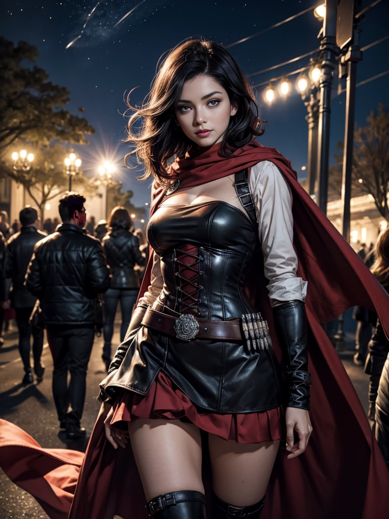 (masterpiece,stunning girlfriend, (standing:1.1), dynamic pose, heart shaped face,elegant face, beautiful face, highly detailed face, highly detailed skin, skin pores, subsurface scattering, realistic pupils, loving smile, looking at viewer, full lips, detailed background, depth of field, atmospheric perspective, volumetric lighting, sharp focus, absurdres, realistic proportions, good anatomy, (realistic, hyperrealistic:1.4), 16k hdr, 1girl,atlasrose, (short black hair), gradient hair, grey eyes, red cape, white shirt, pantyhose, belt, red skirt, corset, thigh boots, fingerless gloves,masterpiece,best quality,extremely detailed, rose petals, wind, evening, stars, standing, in front of the white house, washington dc, night, stars, crowds 