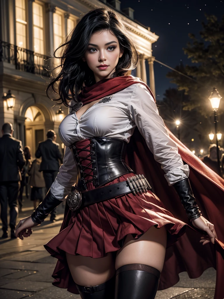 (masterpiece,stunning girlfriend, (standing:1.1), dynamic pose, heart shaped face, elegant face, beautiful face, highly detailed face, highly detailed skin, skin pores, subsurface scattering, realistic pupils, looking at viewer, full face blush, full lips, detailed background, depth of field, atmospheric perspective, volumetric lighting, sharp focus, absurdres, realistic proportions, good anatomy, (realistic, hyperrealistic:1.4), 16k hdr, (masterpiece, best quality), 1girl, ruby_rose, cape, dress, red cape, crescent rose, boots, pantyhose, hood, petals, corset, standing in penthouse, hotel, dubai, smile