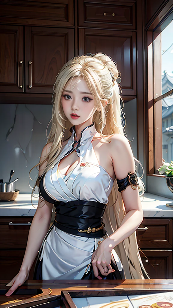  there is a woman with blond hair posing in a kitchen, seductive anime girl, beautiful alluring anime woman, trending on cgstation, photorealistic anime girl render, extremely detailed artgerm, 8k high quality detailed art, smooth anime cg art, trending at cgstation, anime goddess, artgerm. anime illustration, artwork in the style of guweiz