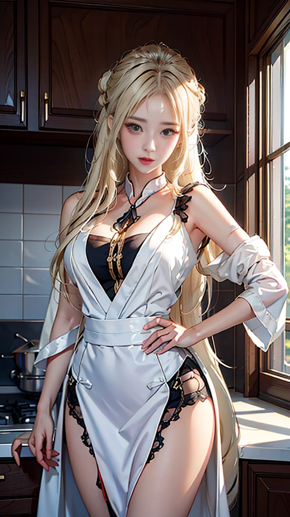 there is a woman with blond hair posing in a kitchen, seductive anime girl, beautiful alluring anime woman, trending on cgstation, photorealistic anime girl render, extremely detailed artgerm, 8k high quality detailed art, smooth anime cg art, trending at cgstation, anime goddess, artgerm. anime illustration, artwork in the style of guweiz