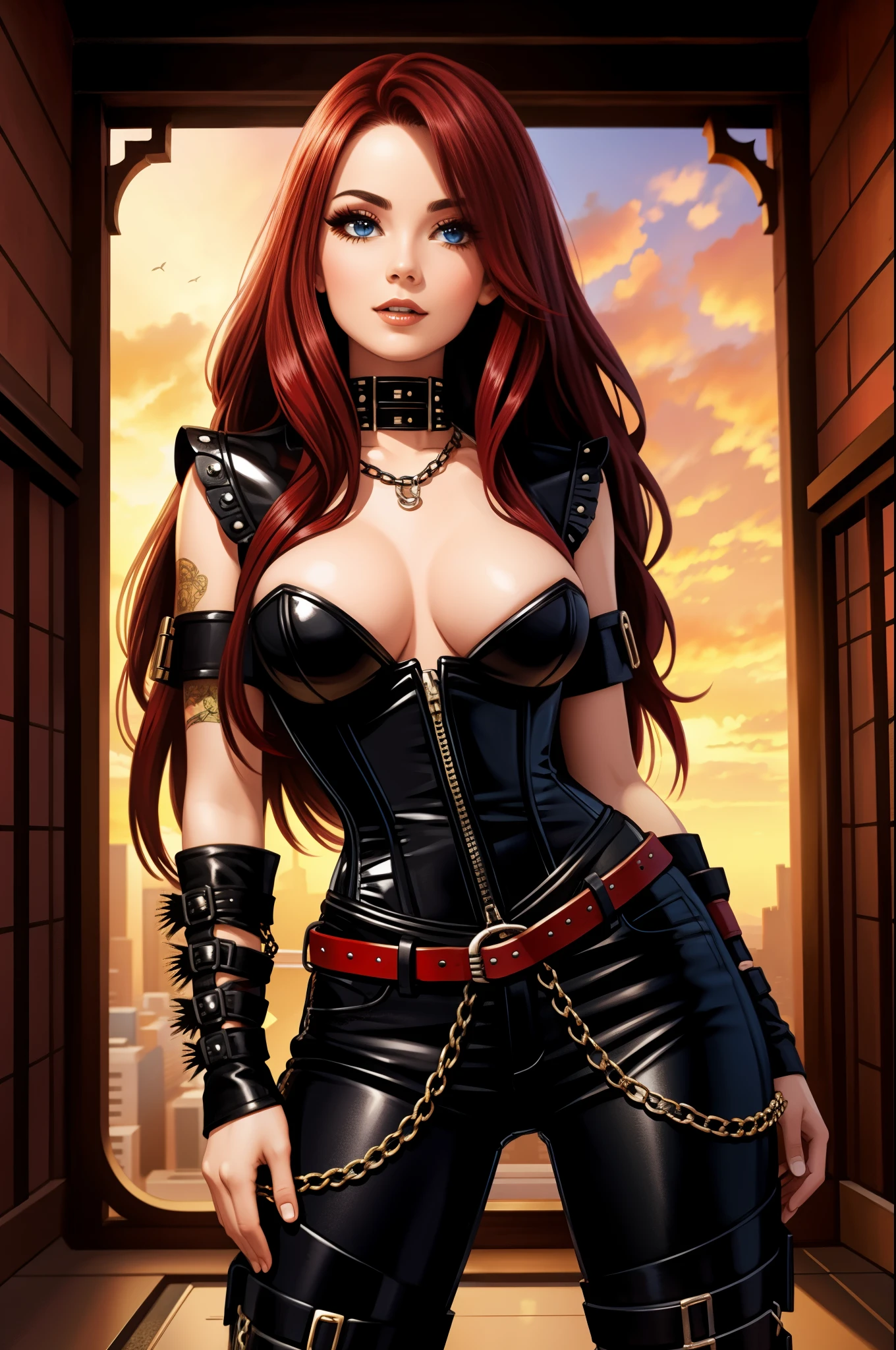 gorgeous woman, chain corset, ((chainpunk)), long red hair with black streaks, chain pants, belts and straps, chains, nsfw,