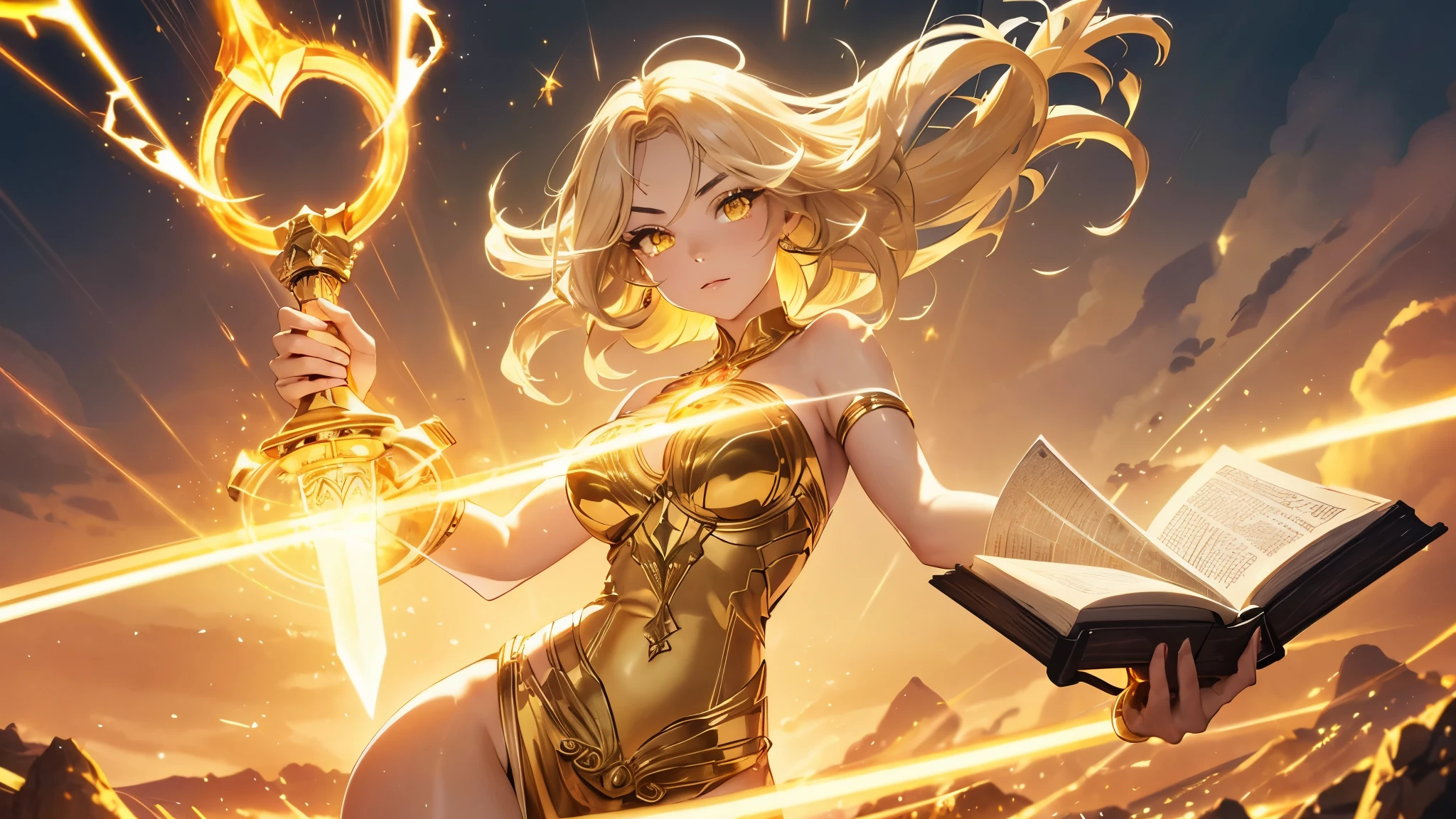 a goddess of wisdom, mature look, Toning the body, white skin, (Glowing clothing masterpiece:1.4), pure white fabric strapless tube top dress, luminous golden belt, luminous Golden arm Armor, golden leg armor, (a glowing sword-shaped figure appears on the back:1.5), (The left hand holds a glowing book:1.6), (((glowing beige white hair streaked luminous yellow hair))), (single sidelock short wavy hair), (hair strand), shiny hair, (((colored eyelashes and eyebrows))), (glowing yellow gradient amber eyes:1.2), (an upright golden eye on the forehead:1.4), some clouds swirling float behind shoulders, (((some floating luminous characters surround))), Random background, Random pose, Random expressions, Futurism, anime, god rays, ray tracing, reflection light, sparkle, motion blur, Ultra-Wide Angle, glowing light, UHD, masterpiece, super detail, best quality, retina, ccurate