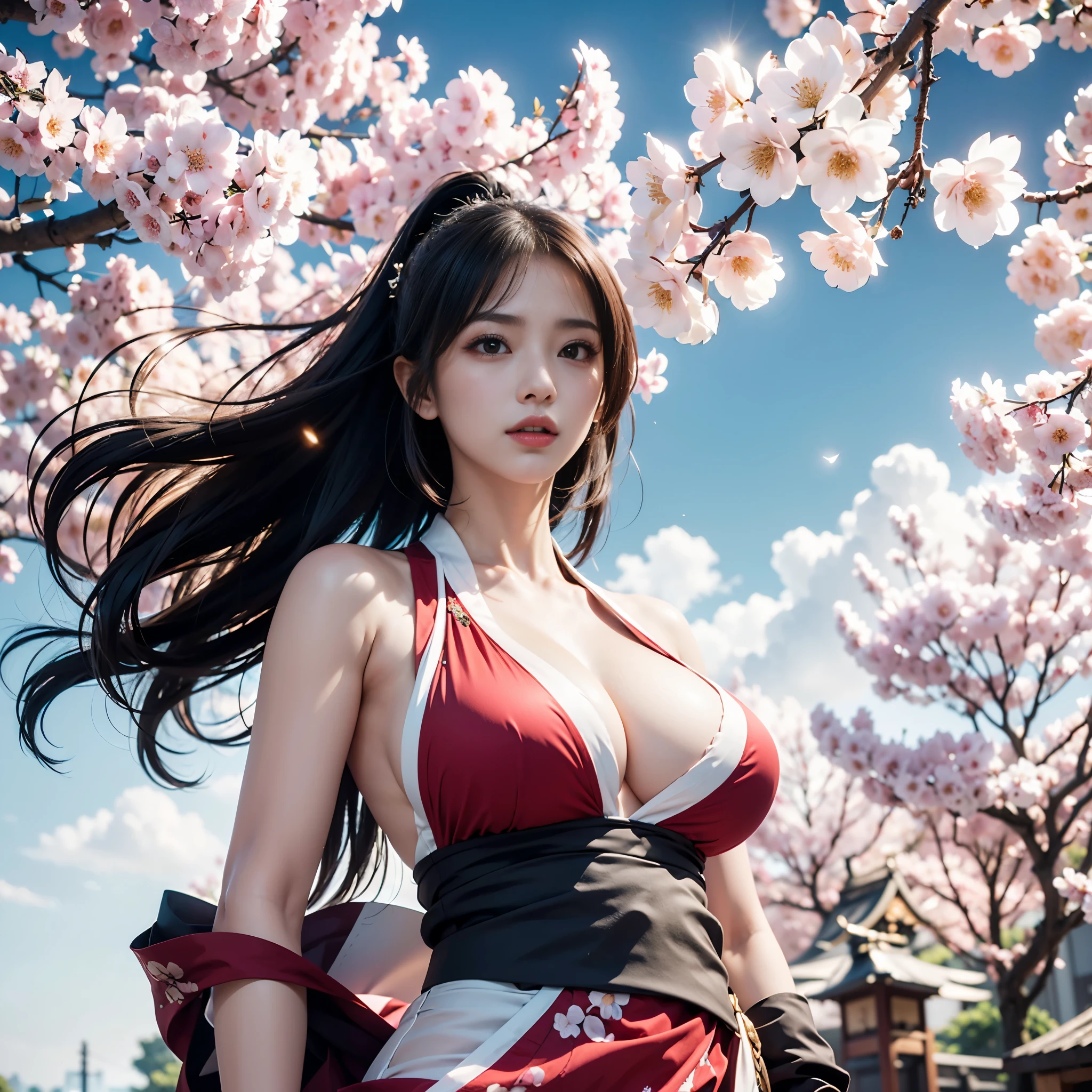 (((bust，big breasts))),Mai Shiranui，((（An expression of contempt，A haughty look))），Wearing a tight-fitting battle suit，Distinctive features；The picture combines modern and Japanese traditional art styles，Floating flames intertwined with cherry blossoms，Demonstrate mystery and power；Stunning visual effects，Contrasting colors，Mainly red and black，Passion and coldness intertwined；The picture is extremely sharp，The details are meticulous，High-quality；Clever light handling，Create a dramatic atmosphere；Master of brushstrokes，Impeccable professionalism，An unforgettable work of art。