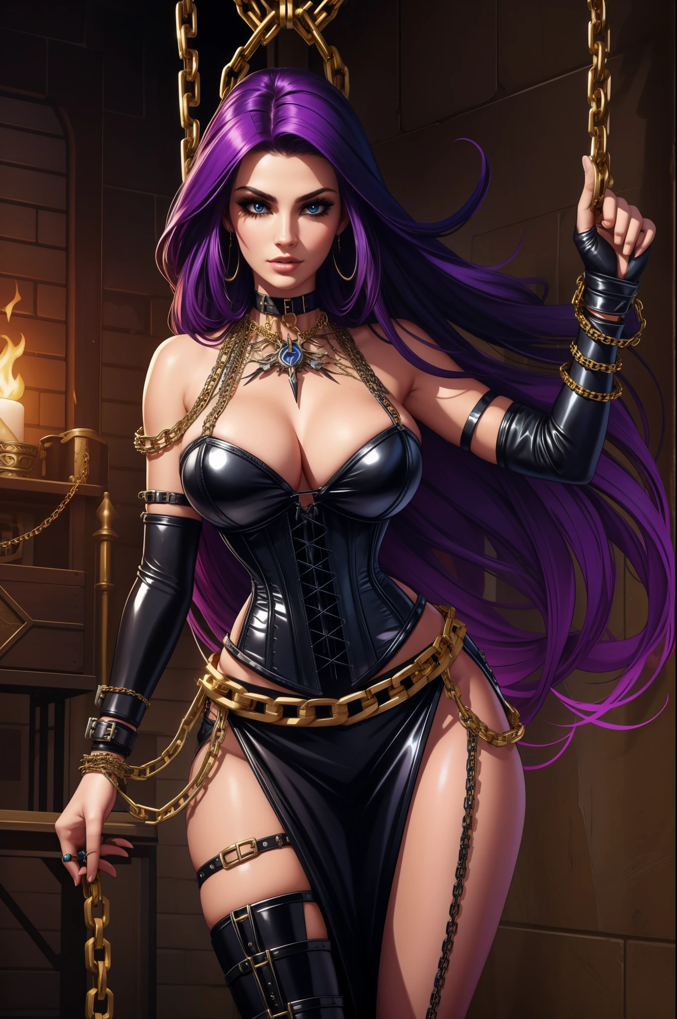 gorgeous woman, chain corset, ((chainpunk)), long chain hair,  belts and straps, (chains),  electric sorceress