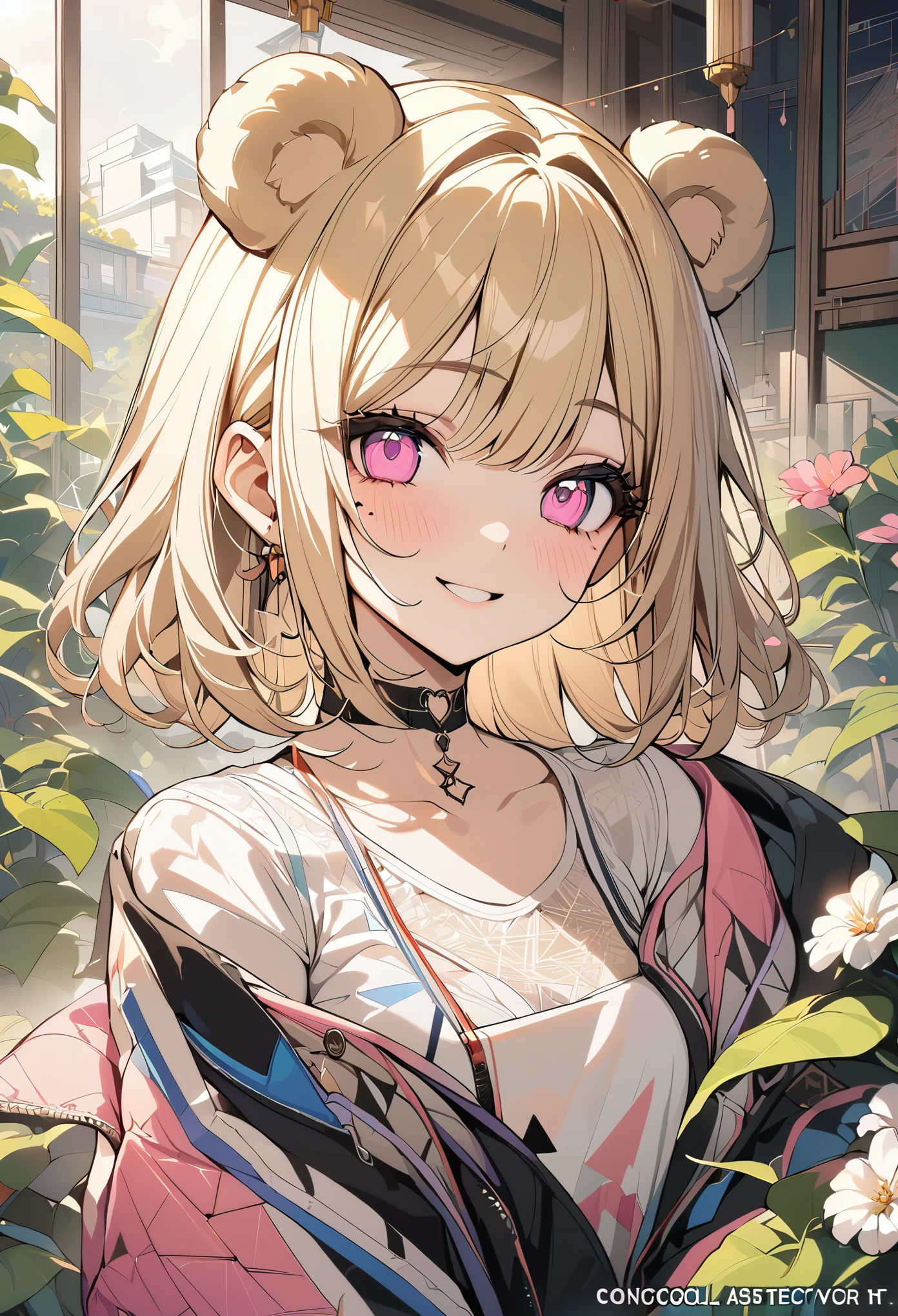 1 girl, blonde bob hair, heart shaped eyes, bear ears,whole body, {girl with blonde bob hair named nao}, (Pink eye color), (smile), bright background , mole under eye, Star-shaped choker, (masterpiece, highest quality), very detailed, highest quality, official art, beautiful and aesthetic: 1.2), (1 girl), very detailed, (geometry art: 1.3), colorful, most detailed ,(garden,beautiful flower々), (masterpiece, highest quality), official art, beautiful and aesthetic: 1.2), (1 girl), very detailed, (geometry art: 1.3), colorful