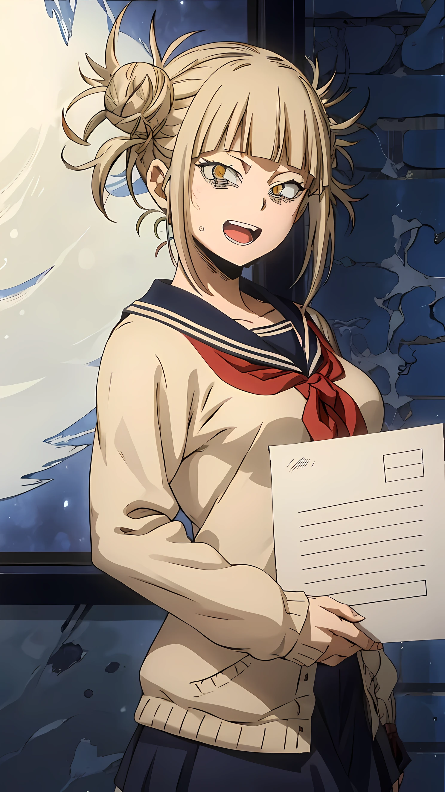 himikotoganova, (1girl, solo), (perfect eyes), blonde hair, double bun, messy hair, bangs, yellow eyes, serafuku, bags under eyes, smile, open mouth, blue skirt, long sleeves, looking at viewer, , red neckerchief, (holding a blank paper viewing it to the viewer: 1.5) 