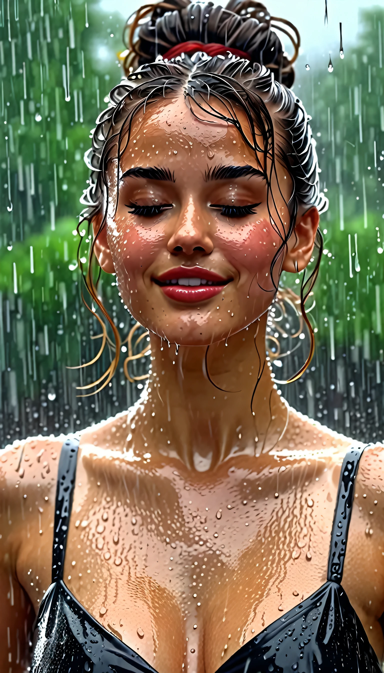 A beautiful lady dancing in heavy rain, face and body are wet, messy bun hair 32k UHD, highly details