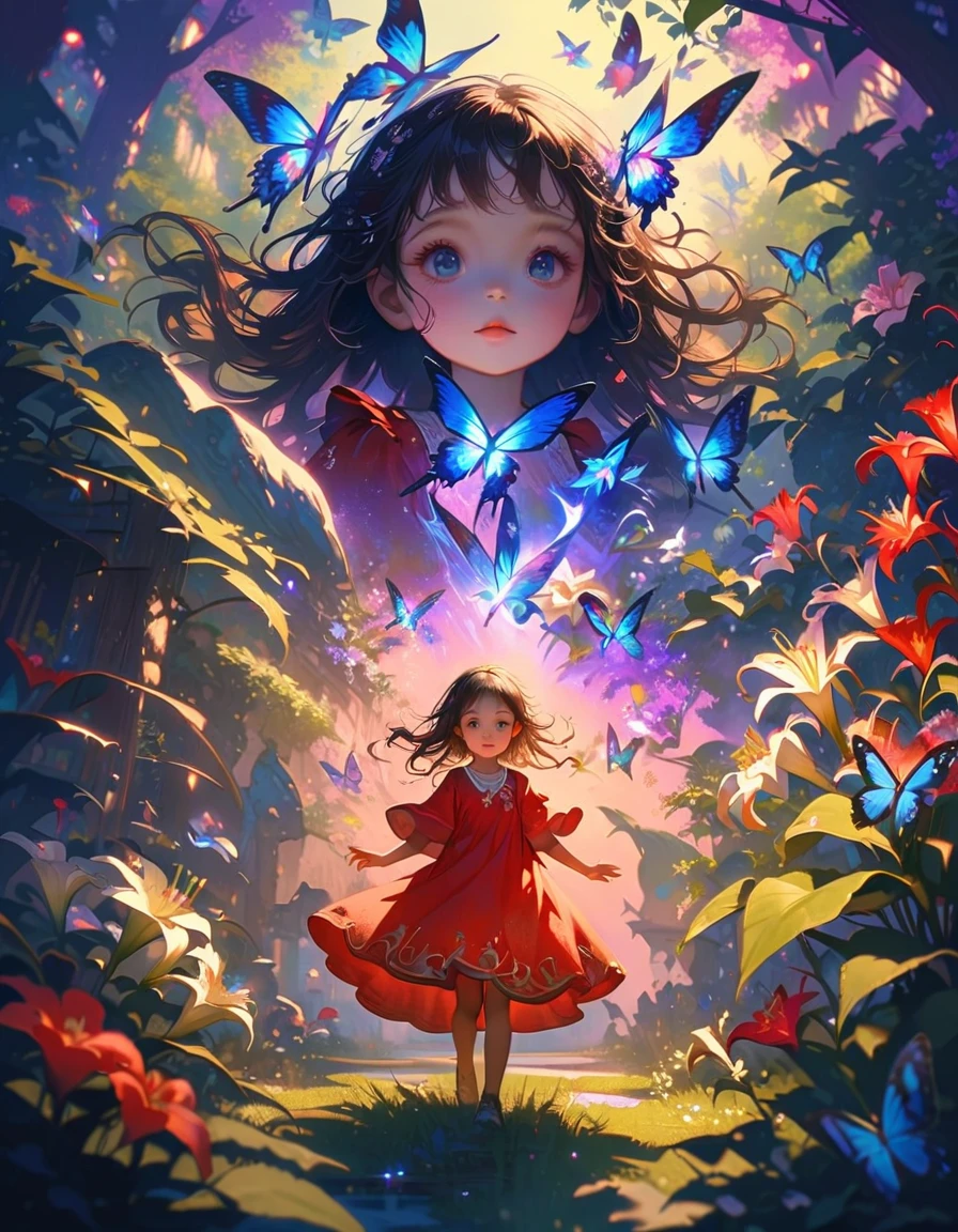 wide angle shot, (best quality, ultra-detailed, realistic:1.37), vivid colors, soft lighting, enchanting scene, Lily, ar old,rk-haired girl, red dress, magical tree, blooming flowers, sparkles, whimsical atmosphere, dreamy setting, joyful expression, radiant sunlight, vibrant colors, lush greenery, dappled shadows, magical aura, playful butterflies, curious creatures, ethereal glow, captivating beauty, fantasy world, innocence, wonderment