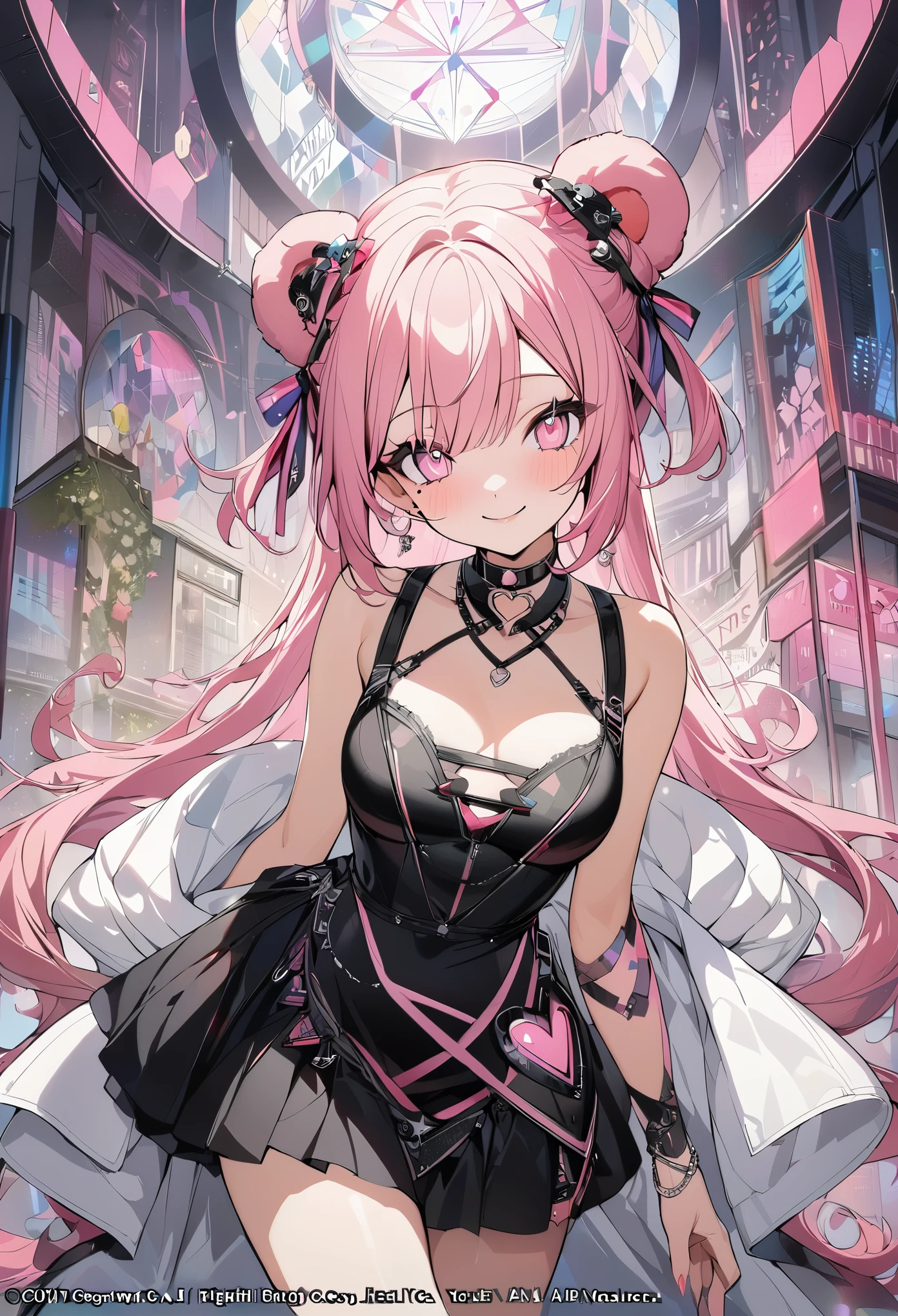 1 girl, pink long bun hair, heart shaped eyes,bear ears, {Pink bob hair bun girl、 The name Nami}, (Pink eye color), {downtown}, (smile), bright background , mole under eye, heart shaped choker, (masterpiece, highest quality), very detailed, highest quality, official art, beautiful and aesthetic: 1.2), (1 girl), very detailed, (geometry art: 1.3), colorful, most detailed ?d1 girl, pink long bun hair, Eye of the symbol, +__+, gothic costume, {A girl with long pink bun hair The name Nami}, (Pink eye color), {downtown}, (smile), bright background, (garden,beautiful flower々),mole under eye, heart shaped choker, (masterpiece, highest quality), official art, beautiful and aesthetic: 1.2), (1 girl), very detailed, (geometry art: 1.3), colorful