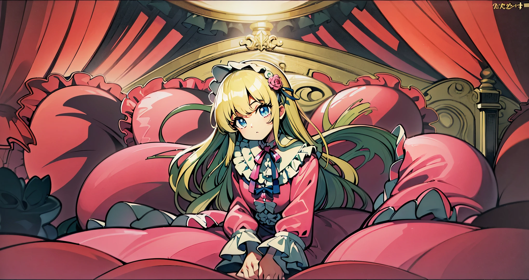 ,highest quality, masterpiece, highest resolution, artwork, super それにget used to it, many get used to it, get used to it, それにget used to it, 3K anime illustration,(( 10 year old girl)),Super detailed baby face,high quality small face,blue eyes,白い肌のeuropean,pajamas, european,(((super long blonde hair))),curly hair,blue eyes,((((ピンクのロリータファッションのlong skirtのワンピースドレス)))),((Pink dress with lots of frills and ribbons)),((A luxurious nightcap with frills and ribbons)),detailed headdress,,(((big yoke collar))),Yoke collar with ruffles and ribbons,((((long sleeve)))),ruffle sleeves,((((long skirt)))),white ruffle and lace socks,large frill and ribbon pillow,(((Nice pink outfit))),豪華なcanopy bedの上,canopy bed,The bed is surrounded by luxurious curtains,many frilly pillows on the bed,There are many frilly pillows behind the girl.,super detailed background,detailed bed,soft pink comforter,Highly detailed soft ruffle pillow,Beautiful girl illustration,detailed beautiful face,thin hair,detailed eye ,detailed eyes,detailed mouth, arm details,fine hands,Detailed pillow,wide bed,Illustration on the bed, ,((((round futon)))),((((A large ruffled futon that covers the entire bed)))),detailed comforter,detailed bedシーツ,Before bedtime,romantic atmosphere,palace bedroom,((((The lower half of the body is hidden under the futon and the puffy skirt.......)))) The girl is leaning on a pile of pillows, ,((((round futon)))),((((A large ruffled futon that covers the entire bed)))),((((not wearing shoes)))),