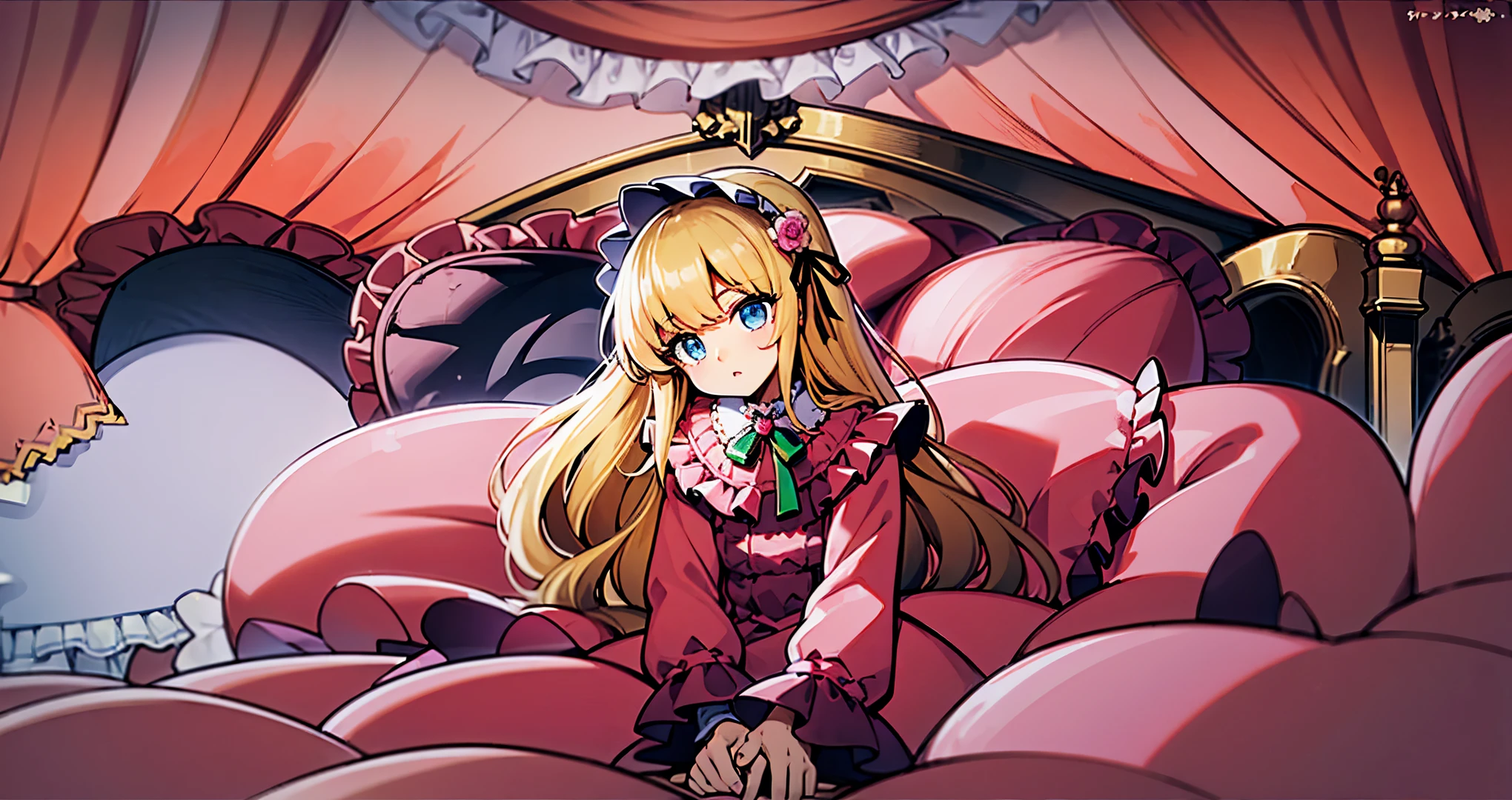 ,highest quality, masterpiece, highest resolution, artwork, super それにget used to it, many get used to it, get used to it, それにget used to it, 3K anime illustration,(( girl)),Super detailed baby face,hty small face,blue eyes,白い肌のeuropean,pajamas, european,(((super long blonde hair))),curly hair,blue eyes,((((ピンクのロリータファッションのlong skirtのワンピースドレス)))),((Pink dress with lots of frills and ribbons)),((A luxurious nightcap with frills and ribbons)),detailed headdress,,(((big yoke collar))),Yoke collar with ruffles and ribbons,((((long sleeve)))),ruffle sleeves,((((long skirt)))),white ruffle and lace socks,large frill and ribbon pillow,(((Nice pink outfit))),豪華なcanopy bedの上,canopy bed,The bed is surrounded by luxurious curtains,many frilly pillows on the bed,There are many frilly pillows behind the girl.,super detailed background,detailed bed,soft pink comforter,Highly detailed soft ruffle pillow,Beautiful girl illustration,detailed beautiful face,thin hair,detailed eye ,detailed eyes,detailed mouth, arm details,fine hands,Detailed pillow,wide bed,Illustration on the bed, ,((((round futon)))),((((A large ruffled futon that covers the entire bed)))),detailed comforter,detailed bedシーツ,Before bedtime,romantic atmosphere,palace bedroom,((((The lower half of the body is hidden under the futon and the puffy skirt.......)))) The girl is leaning on a pile of pillows, ,((((round futon)))),((((A large ruffled futon that covers the entire bed)))),((((not wearing shoes)))),