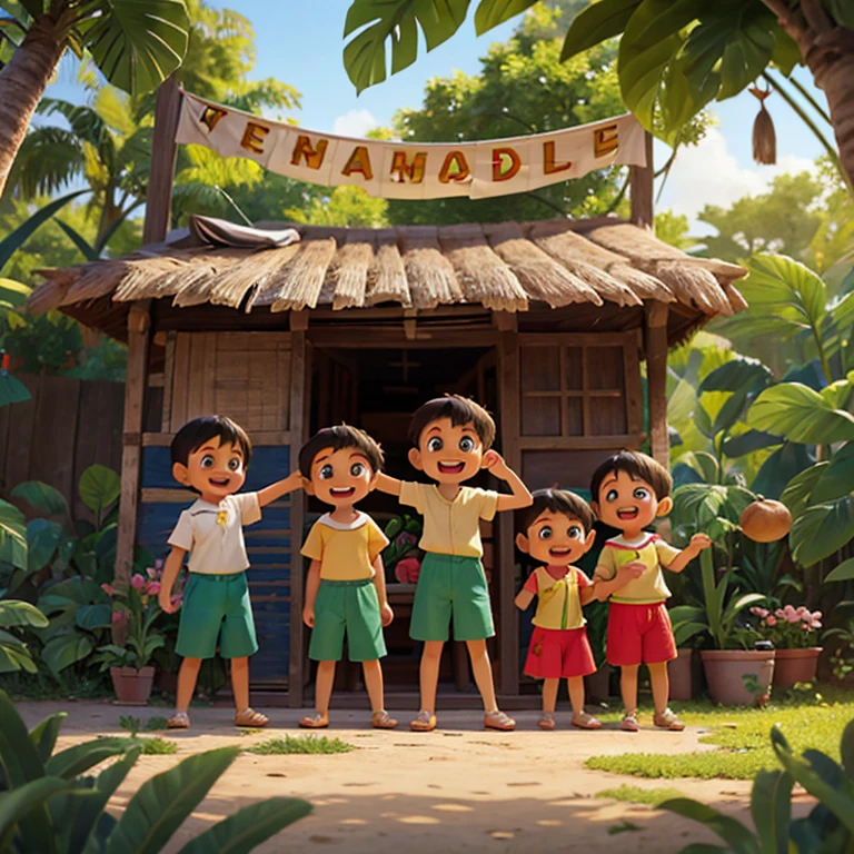 There are six  children are standing and looking ahead. They have a banner hold in their hand and behind them is a jungle scene ,  They are showing and they are laughing and happy. They wearing sobar clothes and colour clothes