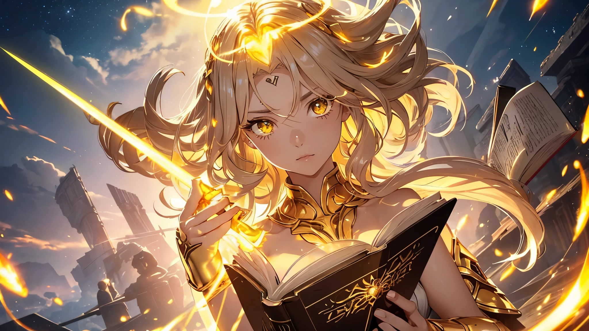 a goddess of wisdom, mature look, Toning the body, white skin, (Glowing clothing masterpiece:1.4), pure white fabric strapless tube top dress, luminous golden belt, luminous Golden arm Armor, golden leg armor, (a glowing sword-shaped figure appears on the back:1.5), (The left hand holds a glowing book:1.6), (((glowing beige white hair streaked luminous yellow hair))), (single sidelock short wavy hair), (hair strand), shiny hair, (((colored eyelashes and eyebrows))), (glowing yellow gradient amber eyes:1.2), (an upright golden eye on the forehead:1.4), some clouds swirling float behind shoulders, (((some floating luminous characters surround))), Random background, Random pose, Random expressions, Futurism, anime, god rays, ray tracing, reflection light, sparkle, motion blur, Ultra-Wide Angle, glowing light, UHD, masterpiece, super detail, best quality, retina, ccurate