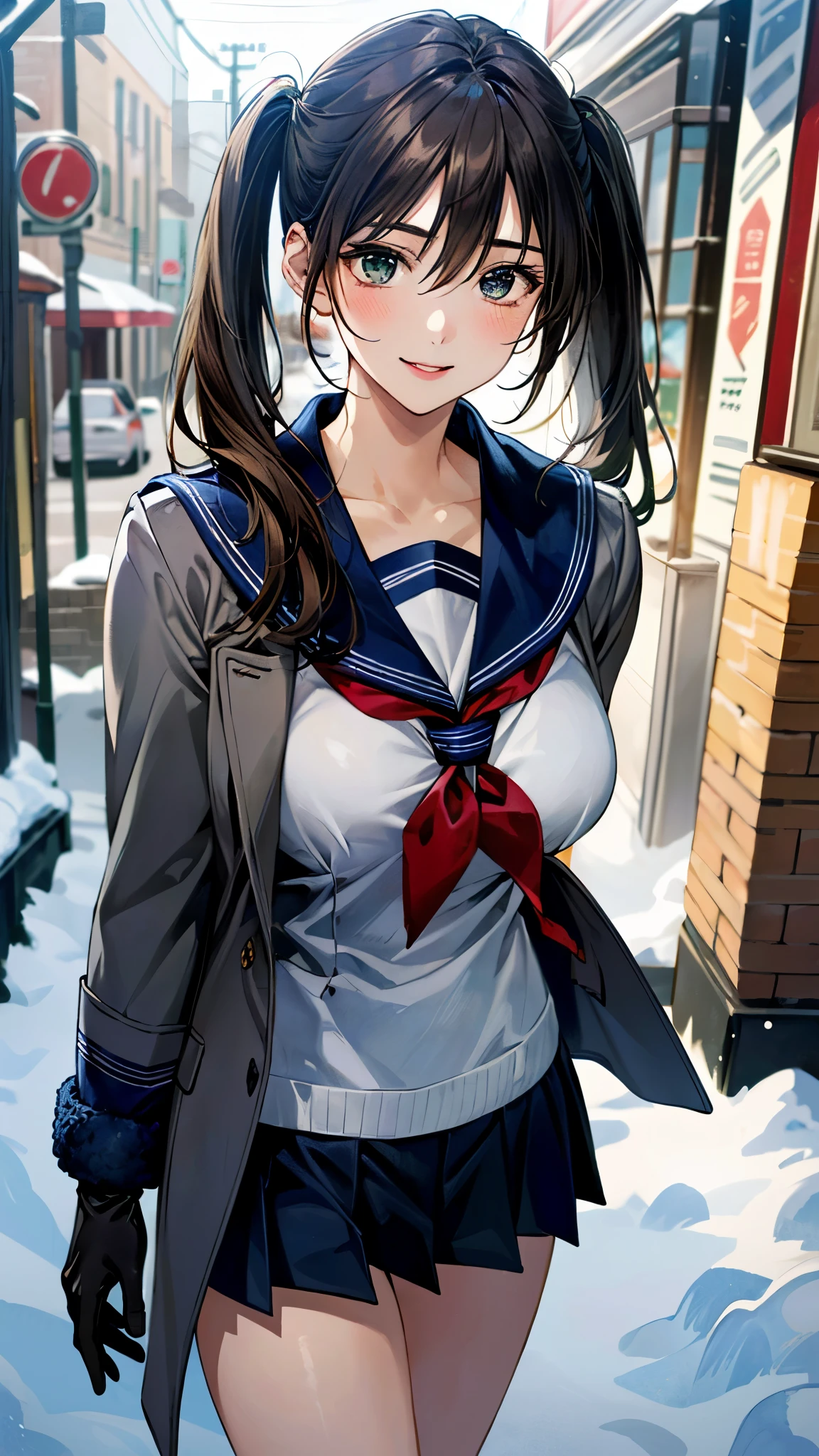 (masterpiece:1.3, top-quality, ultra high res, ultra detailed), (realistic, photorealistic:1.4), beautiful illustration, perfect lighting, natural lighting, colorful, depth of fields, surrealism,
beautiful detailed hair, beautiful detailed face, beautiful detailed eyes, beautiful clavicle, beautiful body, beautiful chest, beautiful thigh, beautiful legs, beautiful fingers, 
looking at viewer, 1 girl, japanese, , (perfect anatomy, anatomically correct), cute and symmetrical face, babyface, perfect face, shiny skin, 
(middle hair:1.7, twintails:1.4, light brown hair), hair between eyes, dark green eyes, drooping eyes, big eyes, long eye lasher, (large breasts:0.5, seductive thighs), , 
(((gray medium coat, muffler, knitted gloves), navy pleated skirt, navy sailor collar, red sailor scarf)), 
(beautiful scenery), winter, evening, (downtown), snow, snowfall:1.5, freezing weather, frost, walking, extremely sexy, (happy smile), 