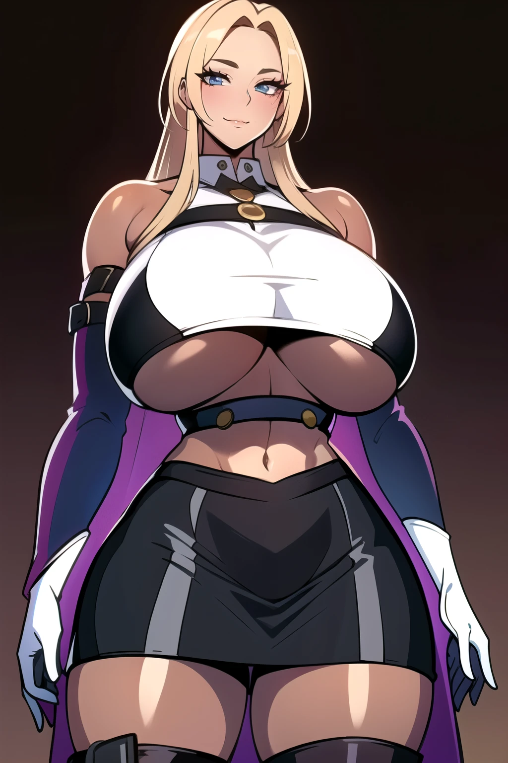 ultra realistic 8k cg, masterpiece, ((ultra detailed background, intricate detail, highly detailed, fine details best quality, hyperdetailed face)), gigantic breasts ,beautiful lighting, absurdres, BoaHancockV2, 1girl, solo, blonde hair, long hair, jewelry, closed mouth, ), ((black crop top : 1.1), (underboob : 1.4), elbow gloves, thigh boots, split skirt, bare shoulders, curvy, midriff, curvy, thighs, shiny clothes), blue eyes, complex detailed background, inside, luxury palace), ((cowboy shot)), curvy, (gigantic breasts: 1.1), seductive smile, cowboy shot, , (tan skin :1.1) (tan face:1.1)