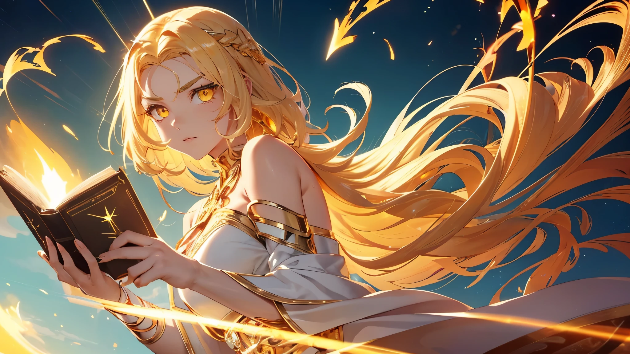 a goddess of wisdom, mature look, Toning the body, white skin, (Glowing clothing masterpiece:1.4), pure white fabric strapless tube top dress, golden belt, Golden arm Armor, golden leg armor, (a glowing sword pointing forward floating on the right shoulders:1.5), (The left hand holds a glowing book:1.6), (((beige white hair streaked glowing yellow hair))), (single sidelock short wavy hair), hair strand, shiny hair, (((colored eyelashes))), (((Colored eyebrows ))), (glowing yellow gradient amber eyes:1.2), (an upright golden eye on the forehead:1.4), some clouds swirling float behind shoulders, Random background, Random pose, Random expressions, Futurism, anime, god rays, ray tracing, reflection light, sparkle, motion blur, Ultra-Wide Angle, glowing light, UHD, masterpiece, super detail, best quality, retina, ccurate