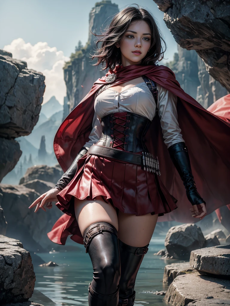 (masterpiece,stunning girlfriend, (standing:1.1), dynamic pose, heart shaped face,elegant face, beautiful face, highly detailed face, highly detailed skin, skin pores, subsurface scattering, realistic pupils, loving smile, looking at viewer, full lips, detailed background, depth of field, atmospheric perspective, volumetric lighting, sharp focus, absurdres, realistic proportions, good anatomy, (realistic, hyperrealistic:1.4), 16k hdr, 1girl,atlasrose, (short black hair), gradient hair, grey eyes, red cape, white shirt, pantyhose, belt, red skirt, corset, thigh boots, fingerless gloves,masterpiece,best quality,extremely detailed, rose petals, wind, evening, stars, standing, in cave entrance, undergound pool, rocks