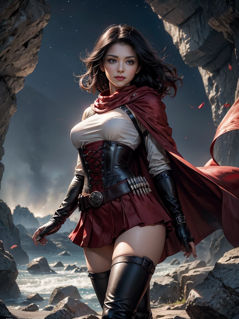 (masterpiece,stunning girlfriend, (standing:1.1), dynamic pose, heart shaped face,elegant face, beautiful face, highly detailed face, highly detailed skin, skin pores, subsurface scattering, realistic pupils, loving smile, looking at viewer, full lips, detailed background, depth of field, atmospheric perspective, volumetric lighting, sharp focus, absurdres, realistic proportions, good anatomy, (realistic, hyperrealistic:1.4), 16k hdr, 1girl,atlasrose, (short black hair), gradient hair, grey eyes, red cape, white shirt, pantyhose, belt, red skirt, corset, thigh boots, fingerless gloves,masterpiece,best quality,extremely detailed, rose petals, wind, evening, stars, standing, in cave entrance, undergound pool, rocks