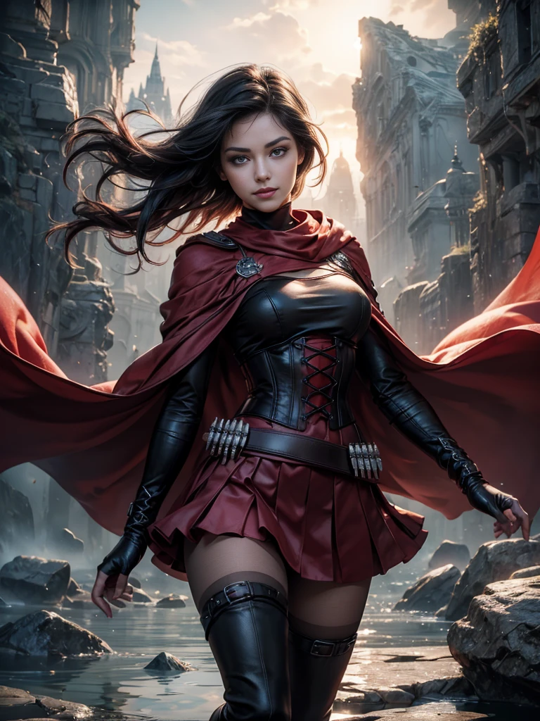 (masterpiece,stunning girlfriend, (standing:1.1), dynamic pose, heart shaped face,elegant face, beautiful face, highly detailed face, highly detailed skin, skin pores, subsurface scattering, realistic pupils, loving smile, looking at viewer, full lips, detailed background, depth of field, atmospheric perspective, volumetric lighting, sharp focus, absurdres, realistic proportions, good anatomy, (realistic, hyperrealistic:1.4), 16k hdr, 1girl,atlasrose, (short black hair), gradient hair, grey eyes, red cape, white shirt, pantyhose, belt, red skirt, corset, thigh boots, fingerless gloves,masterpiece,best quality,extremely detailed, rose petals, wind, evening, stars, standing, in cave entrance, undergound pool, rocks